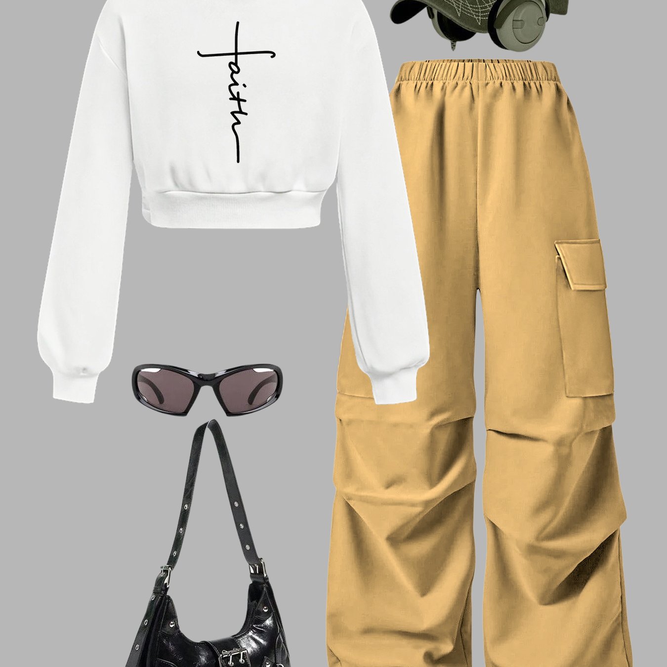 Minimalist Faith Cross Hoodie Set With Cargo Wide Leg Pants