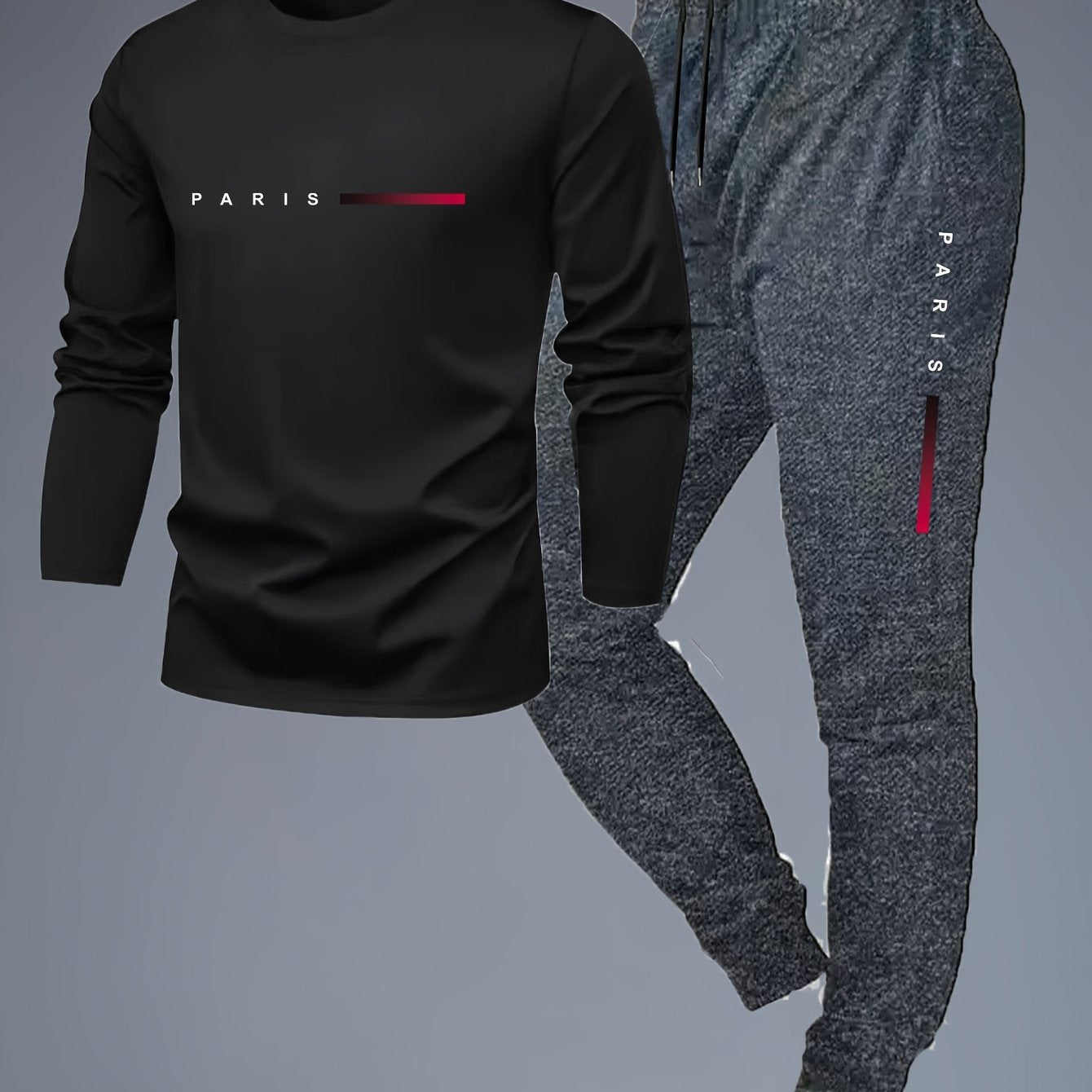 Men'S Casual Athletic Set - Red Long Sleeve T-Shirt with "PARIS" Logo & Black Joggers, Comfortable Polyester Blend, Perfect for Home or Gym, Gym Apparel|Casual Style|Polyester Blend