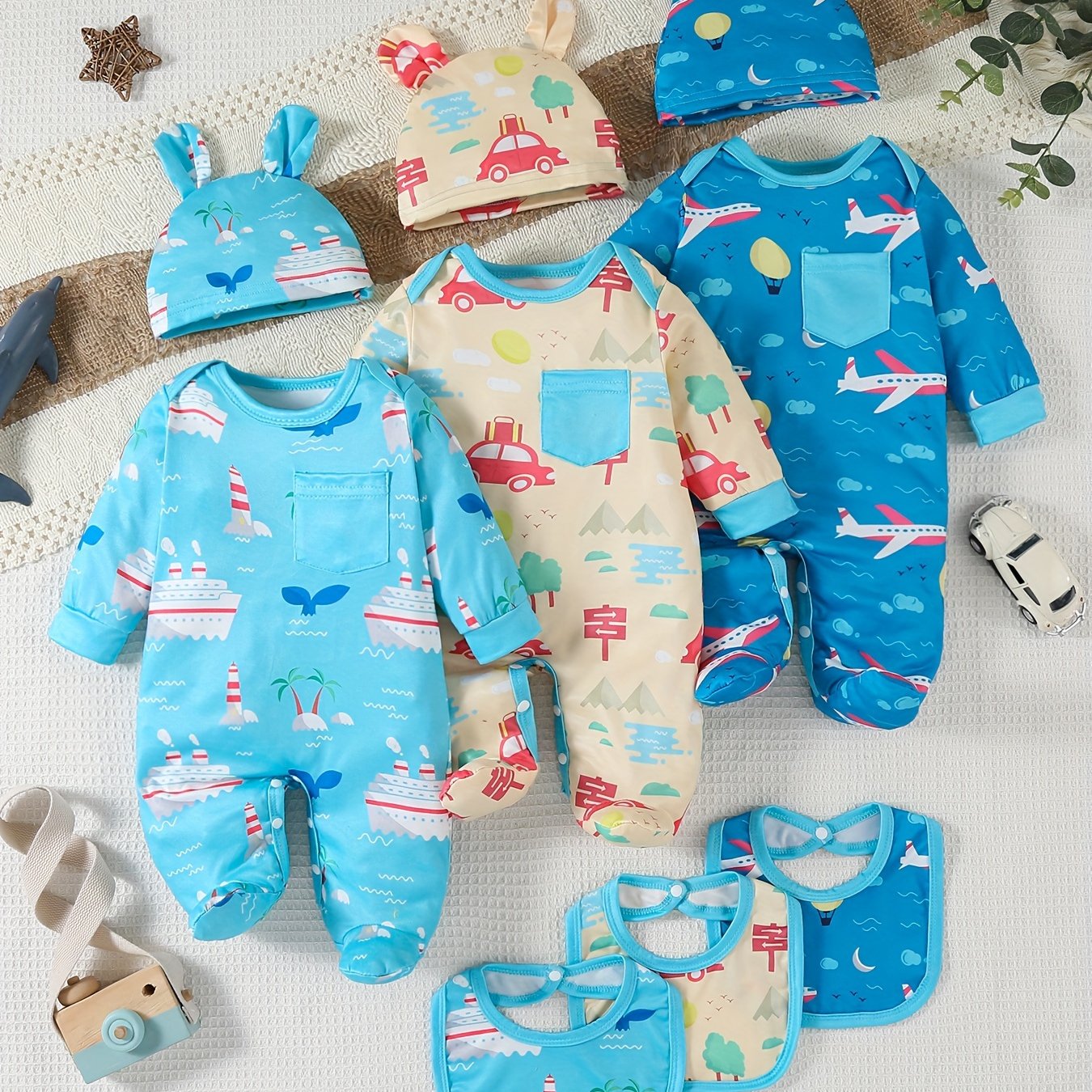 SHIXUANBAOBEI Newborn Long Sleeve Wrap Bodysuit Cartoon Vehicles