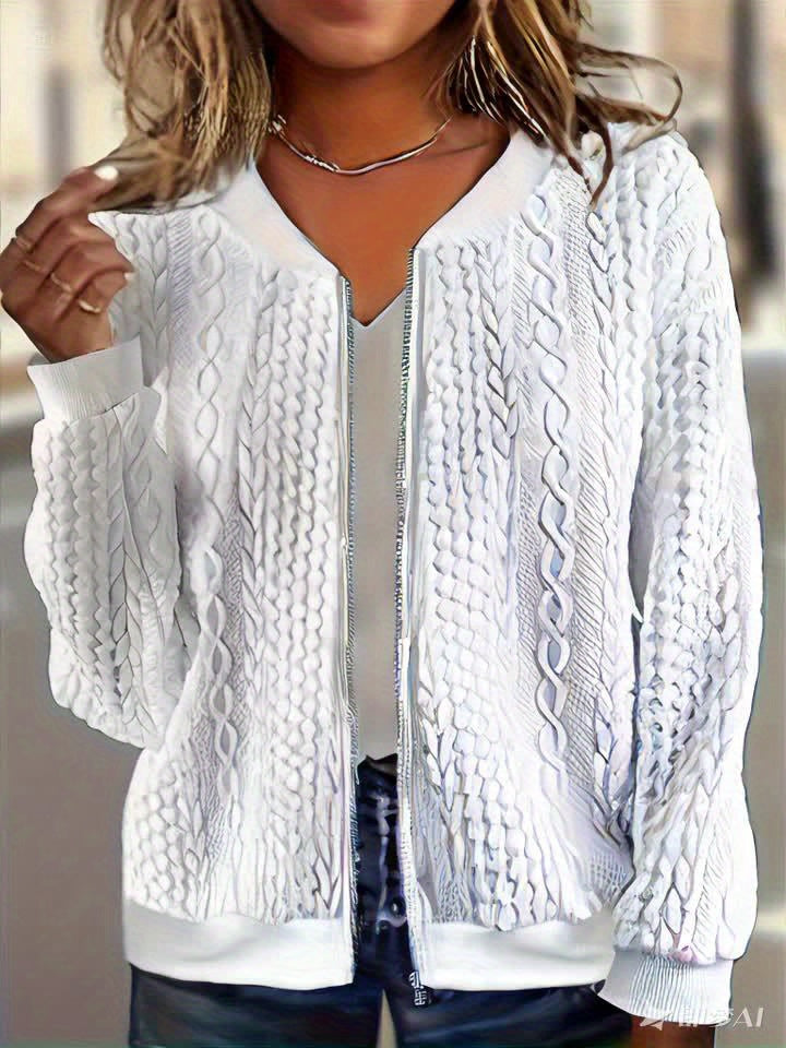 Textured Zip Up Bomber Jacket Casual Outerwear For Women
