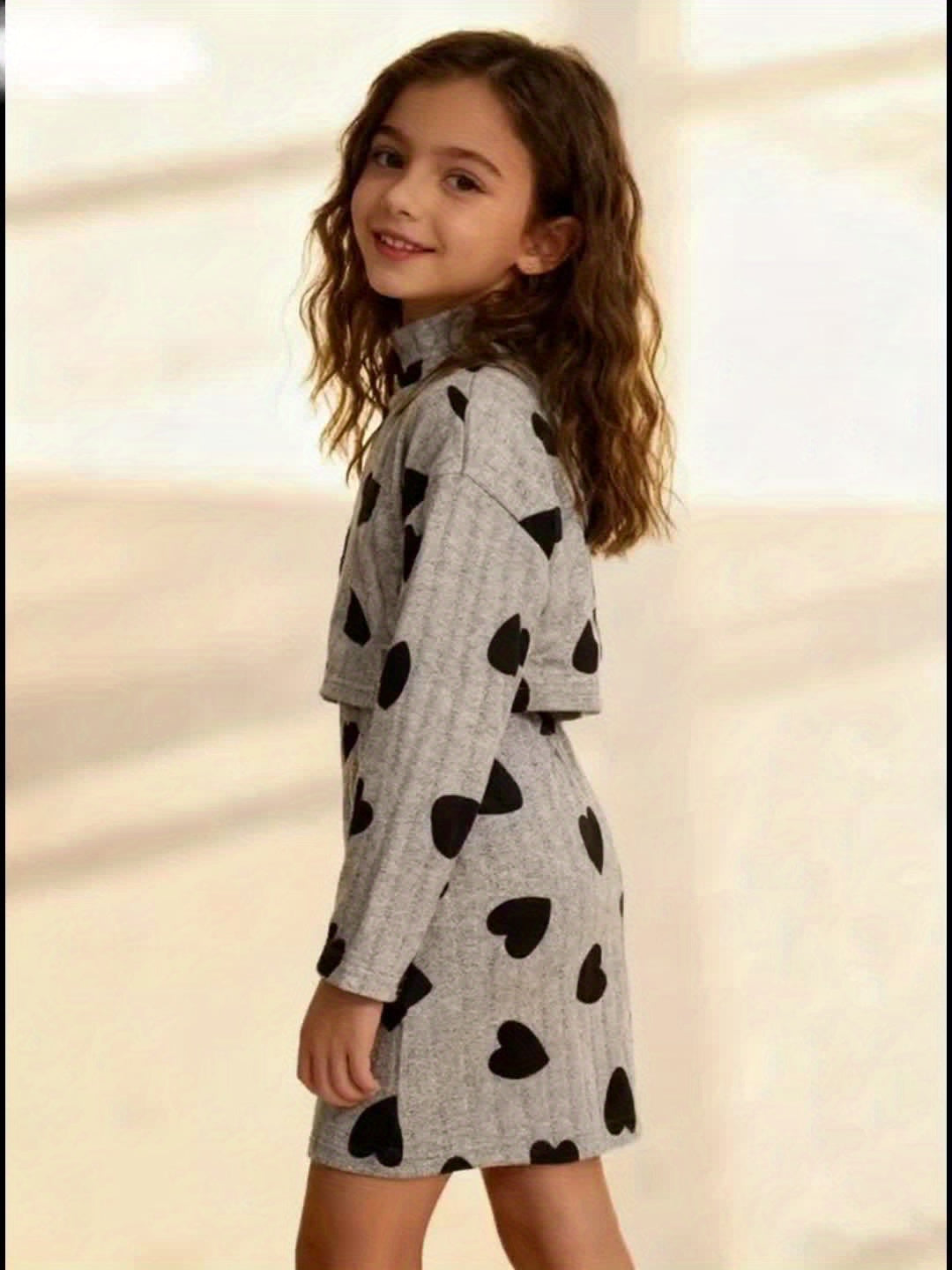 Girls Autumn Winter Heart Print High Neck Top Layered Dress