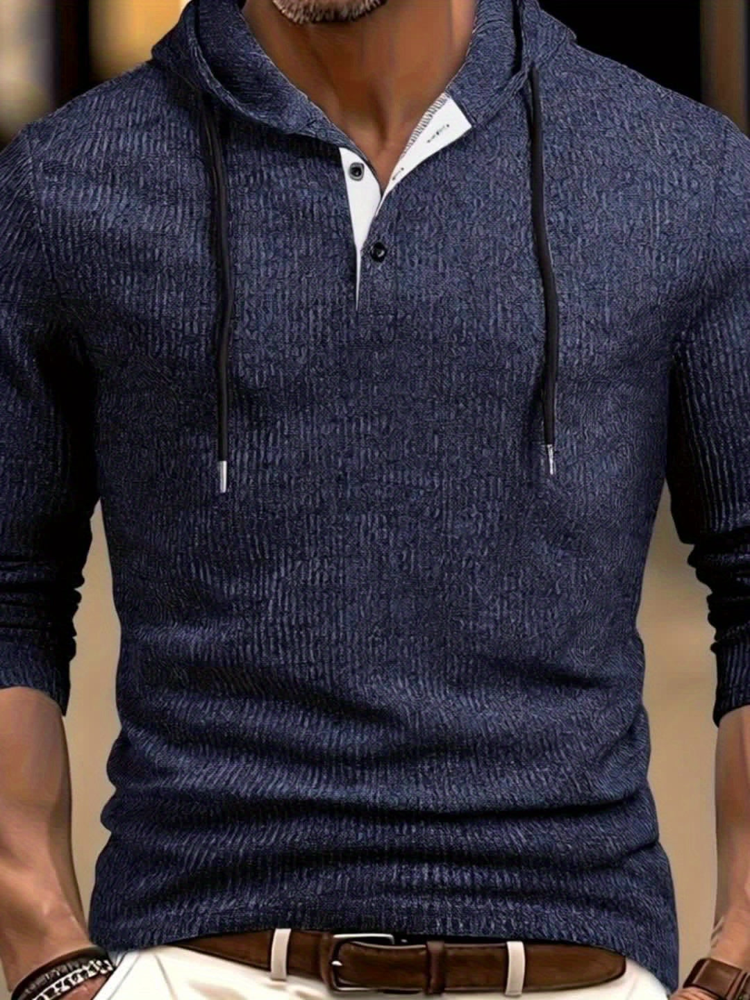 Men's Stretch Color Block Hooded Henley Shirt Long Sleeve