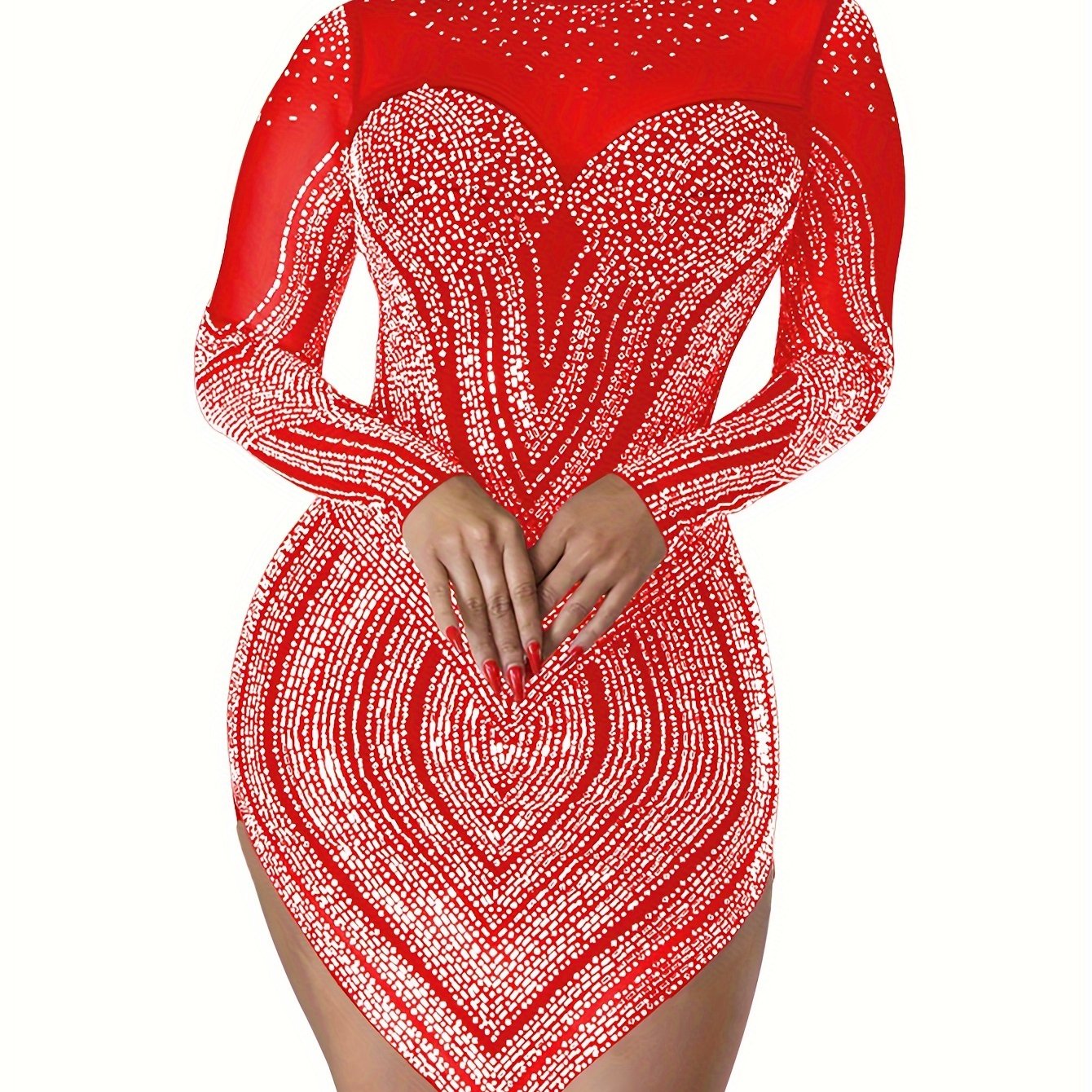 Rhinestone Semi-Sheer Dress High Neck Long Sleeve Bodycon Party Dress For Women