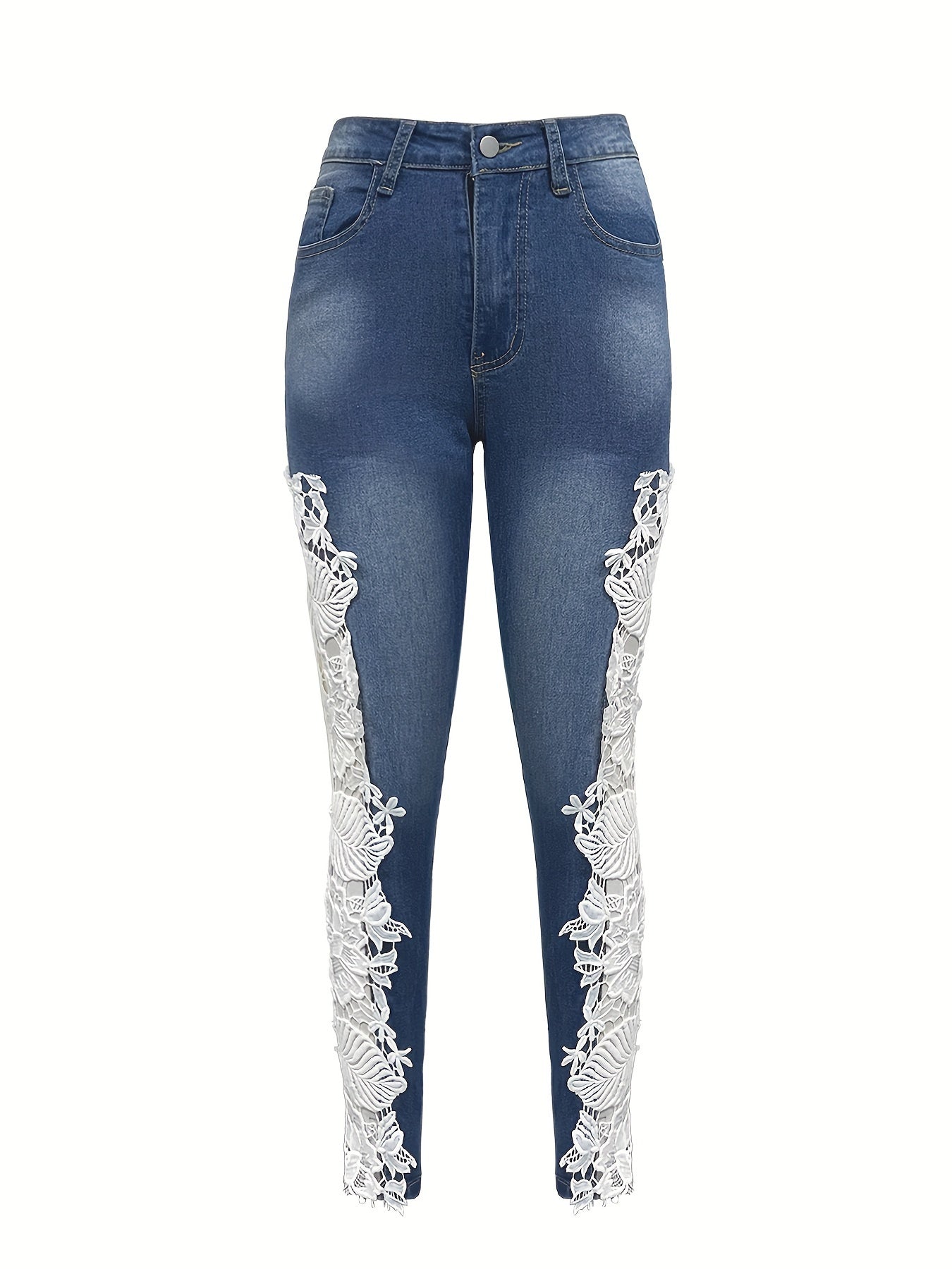 Denim Jeans With Lace Panel Hollow Out Skinny Fit Style