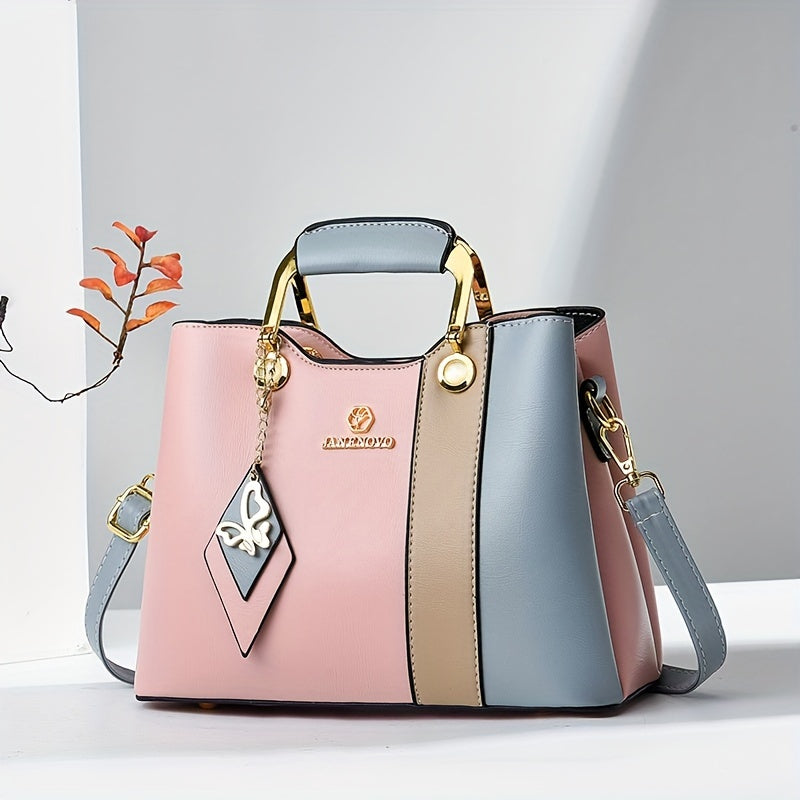 2024 New Women's Color-Block Tote Bag with Adjustable Crossbody/Shoulder Strap, Golden-Tone Hardware & Magnetic Closure - High Quality Casual Handbag for Commuting, Work, Travel - Navy/Beige/White Contrast Design, Crossbody P