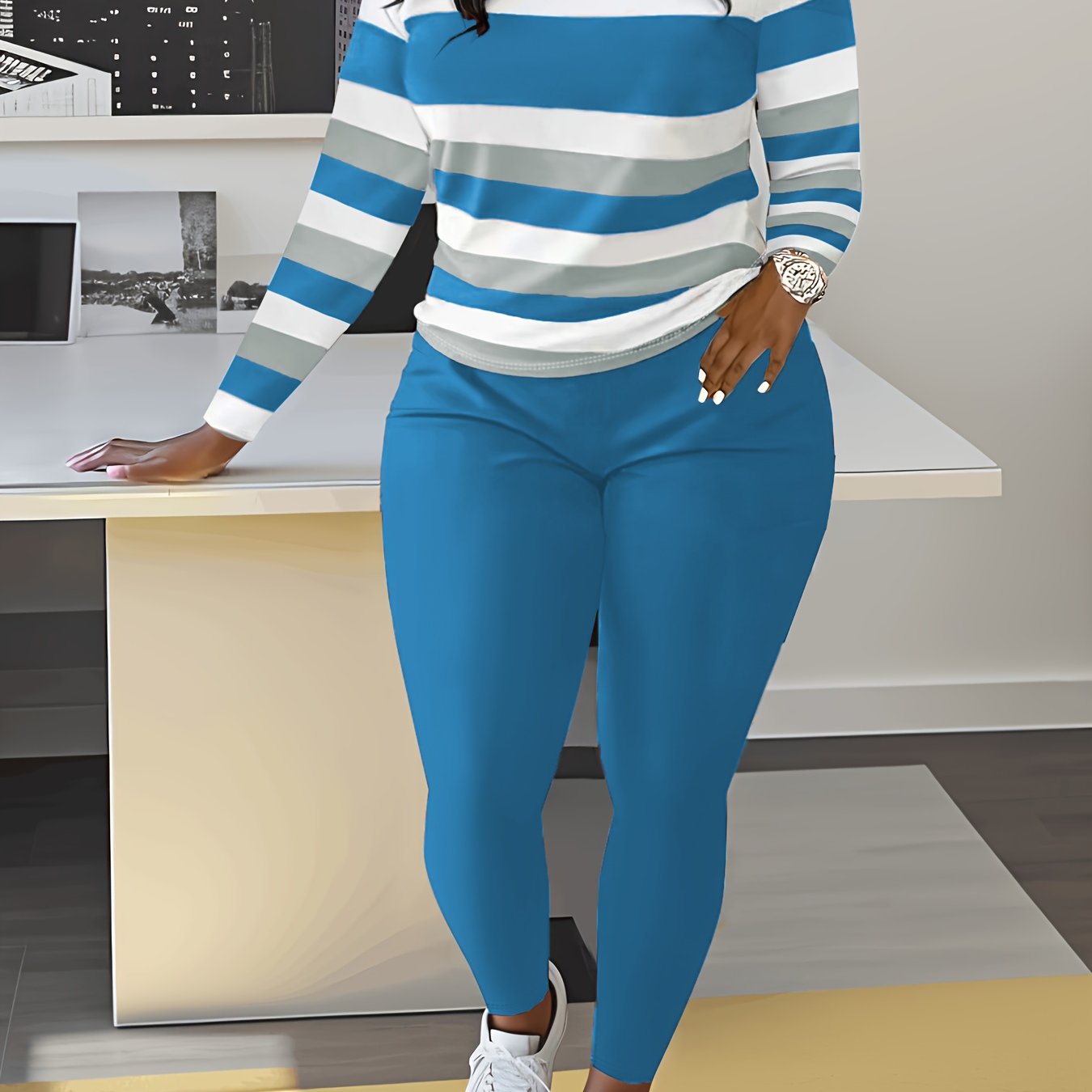 Two-piece Slim Matching Set: Long Sleeve Crew Neck Striped Color Block T-shirt & Solid Elastic Waist Pants Outfits for Women