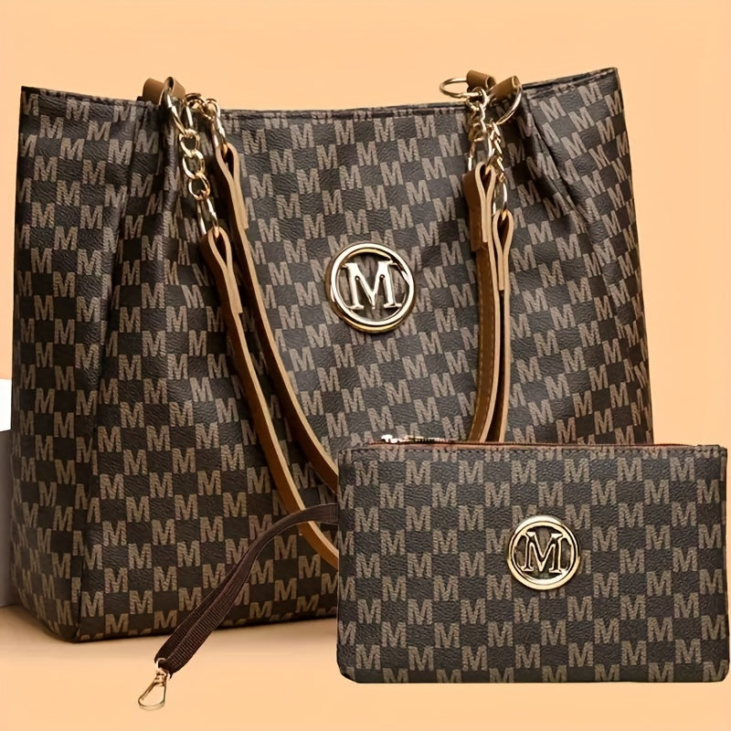 2pcs Women's Vintage Shoulder Bag Set, Large Capacity Tote Bag with Fixed Shoulder Strap, Synthetic, Zipper Closure, Polyester Lining, Lightweight, Random Print Design, Perfect for Daily Commuting and Carrying Cell Phones,