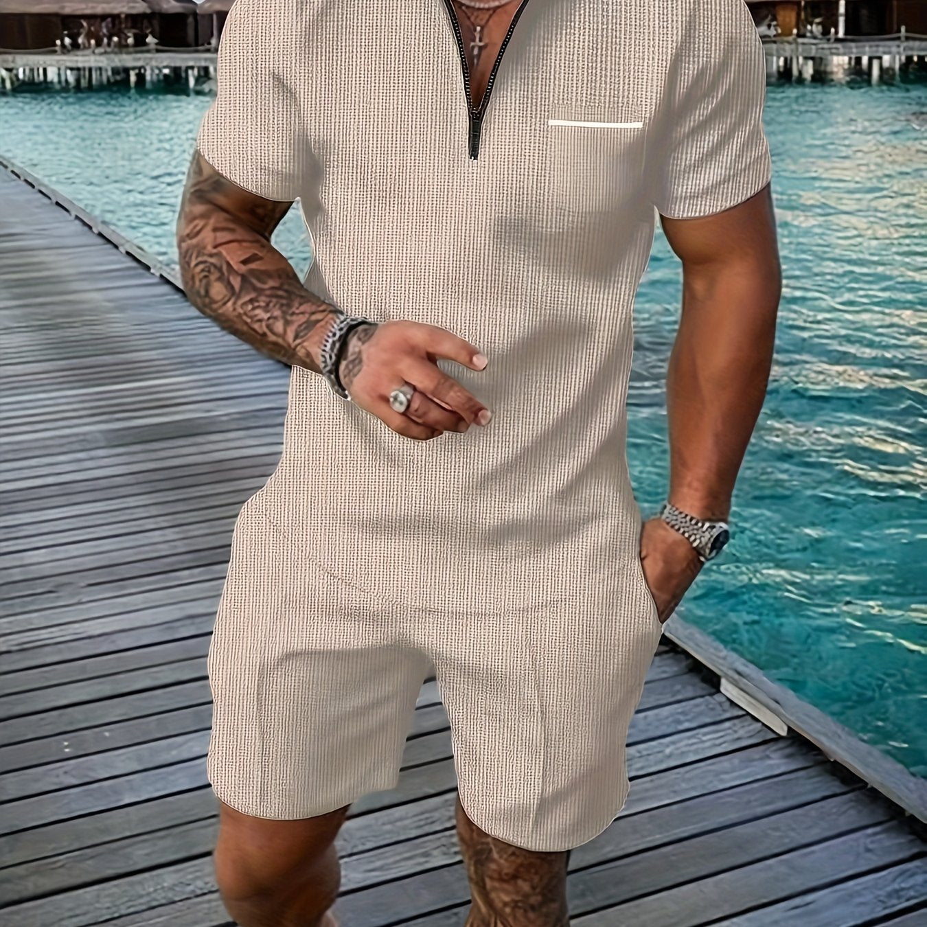 Men's Summer Casual Polo Shirt And Shorts Set With Pocket