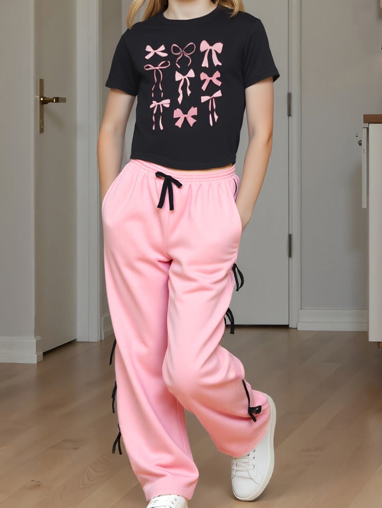 Girls 3D Digital Print Short Sleeve Cropped Pants Set Pockets