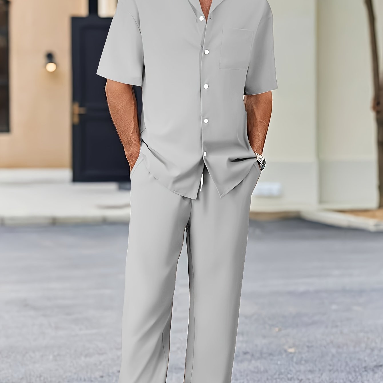Machine Washable Polyester Men's Casual Suit-Inspired Short Sleeve Shirt & Loose Straight Pants Set
