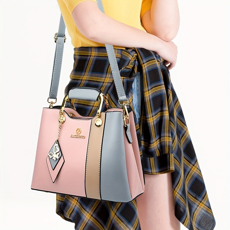 2024 New Women's Color-Block Tote Bag with Adjustable Crossbody/Shoulder Strap, Golden-Tone Hardware & Magnetic Closure - High Quality Casual Handbag for Commuting, Work, Travel - Navy/Beige/White Contrast Design, Crossbody P