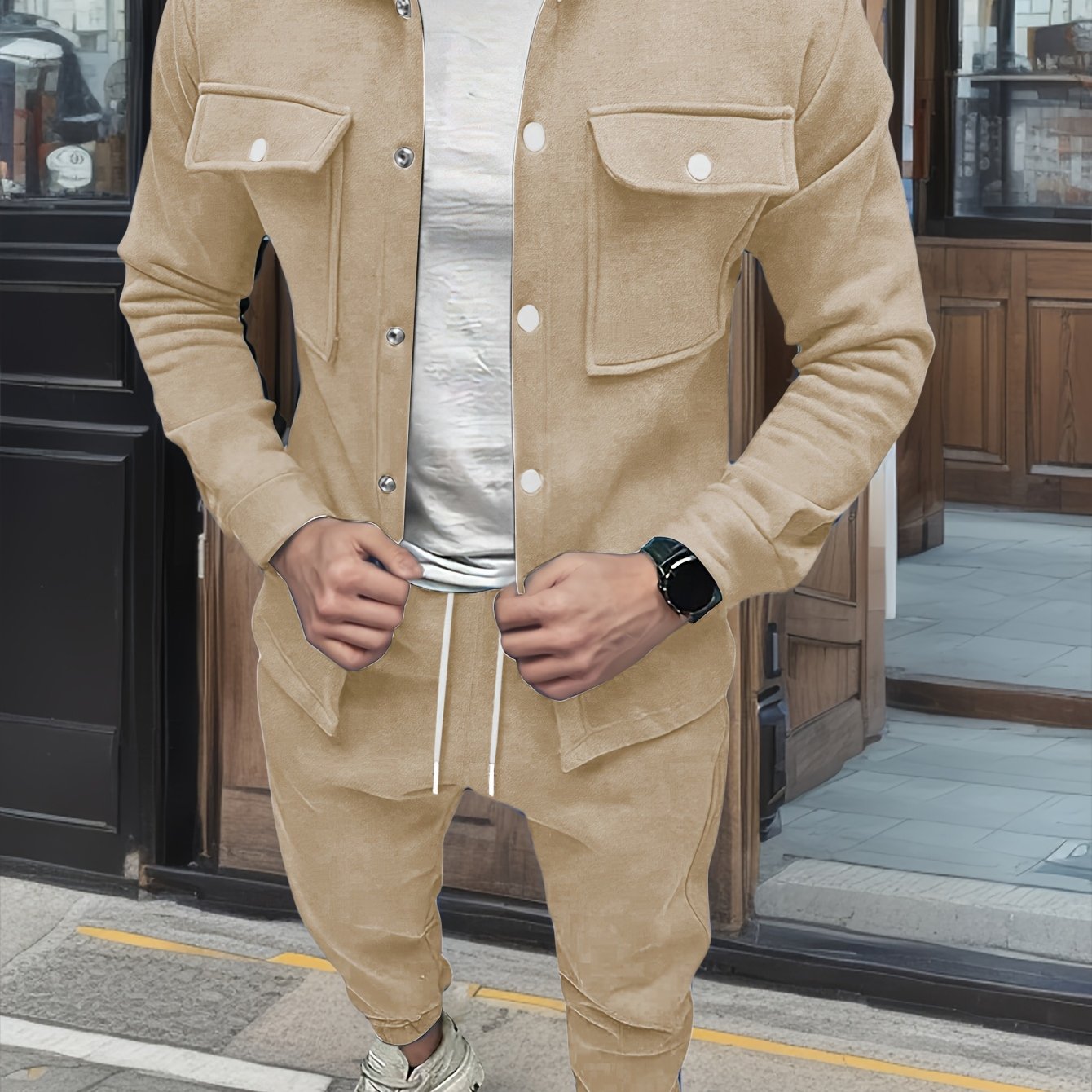 Men's Casual Polyester Suit Set Jacket And Pants Ensemble