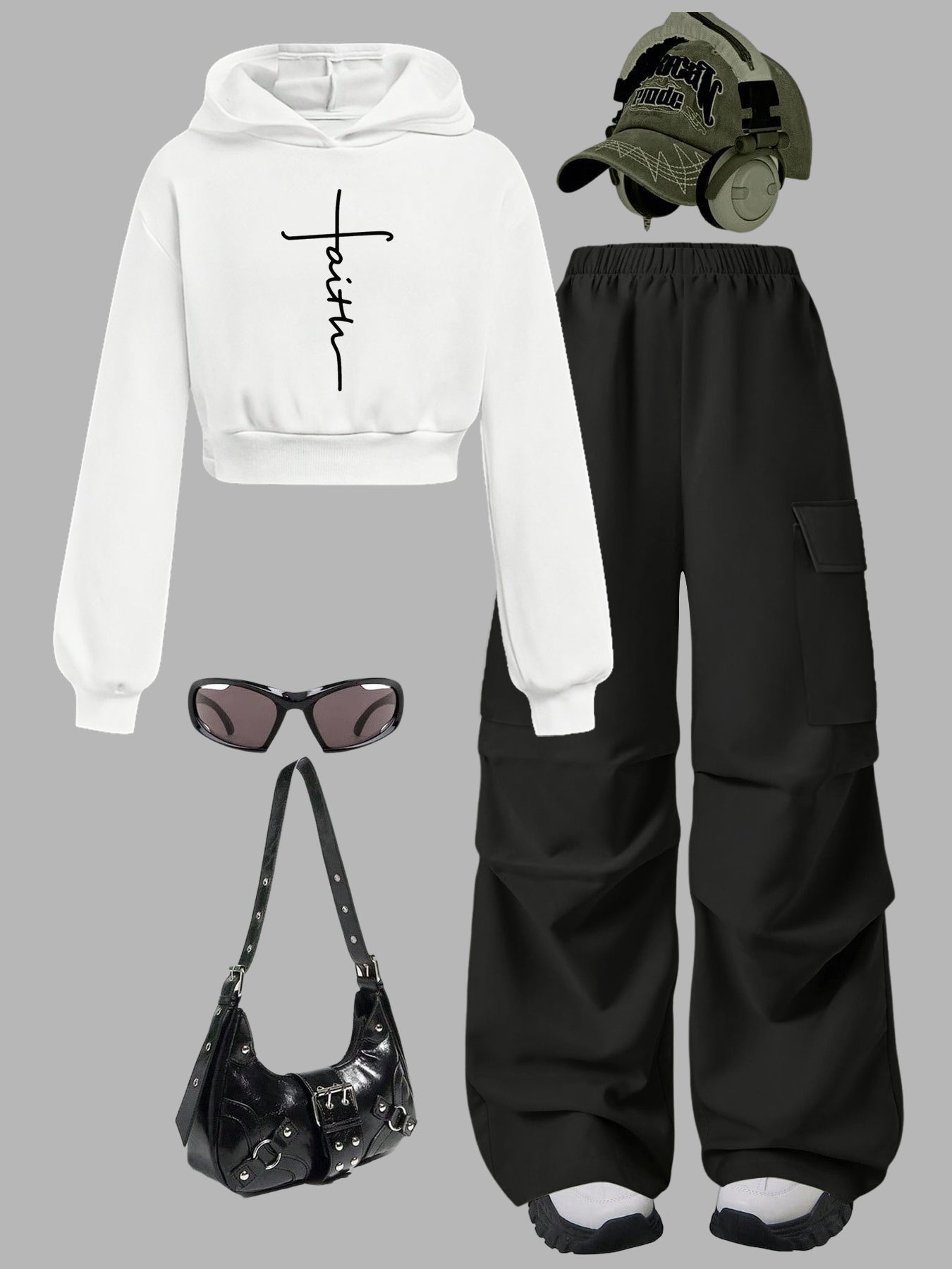 Minimalist Faith Cross Hoodie Set With Cargo Wide Leg Pants