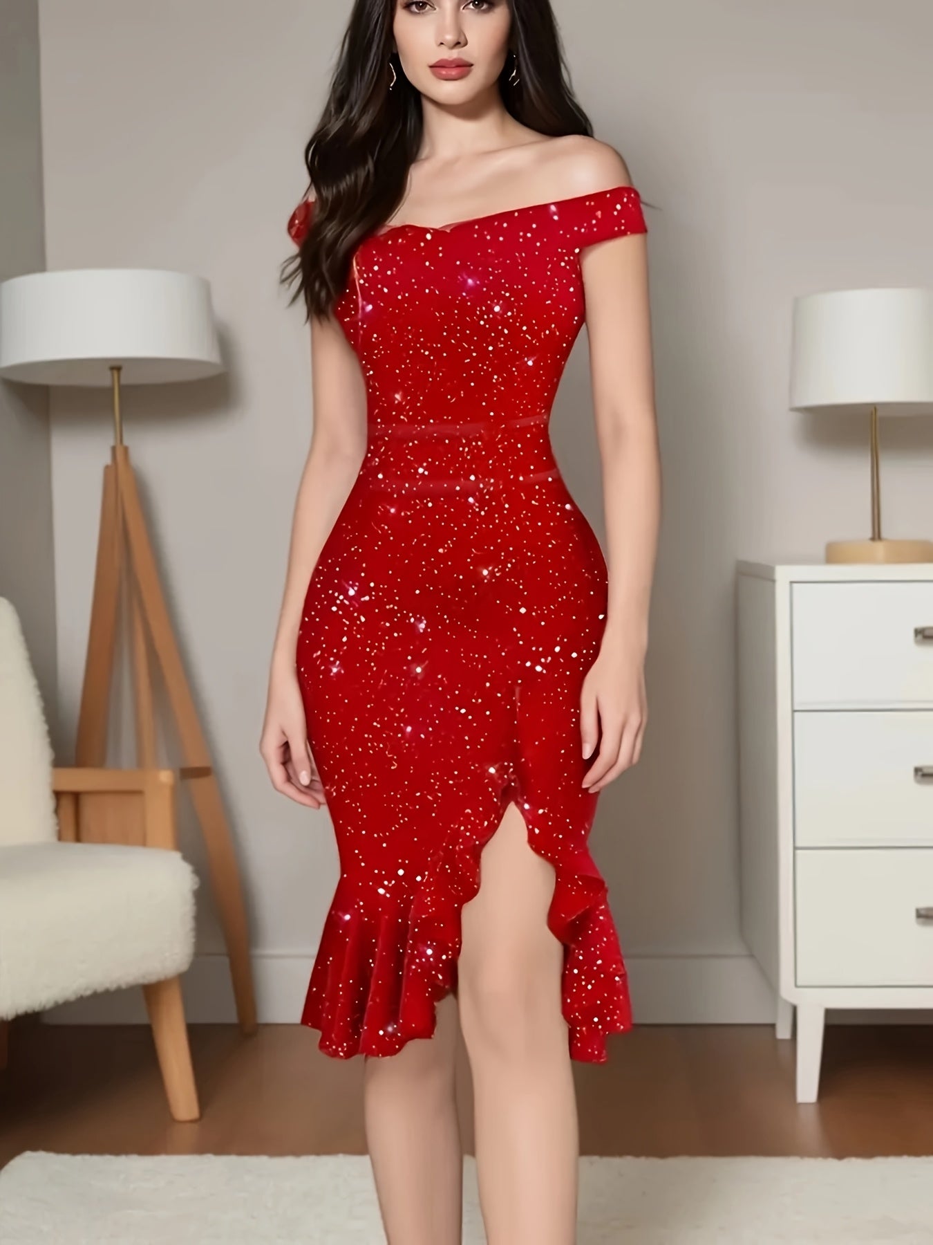 Elegant V Neck Solid Color Ladies Dress With Culotte Style