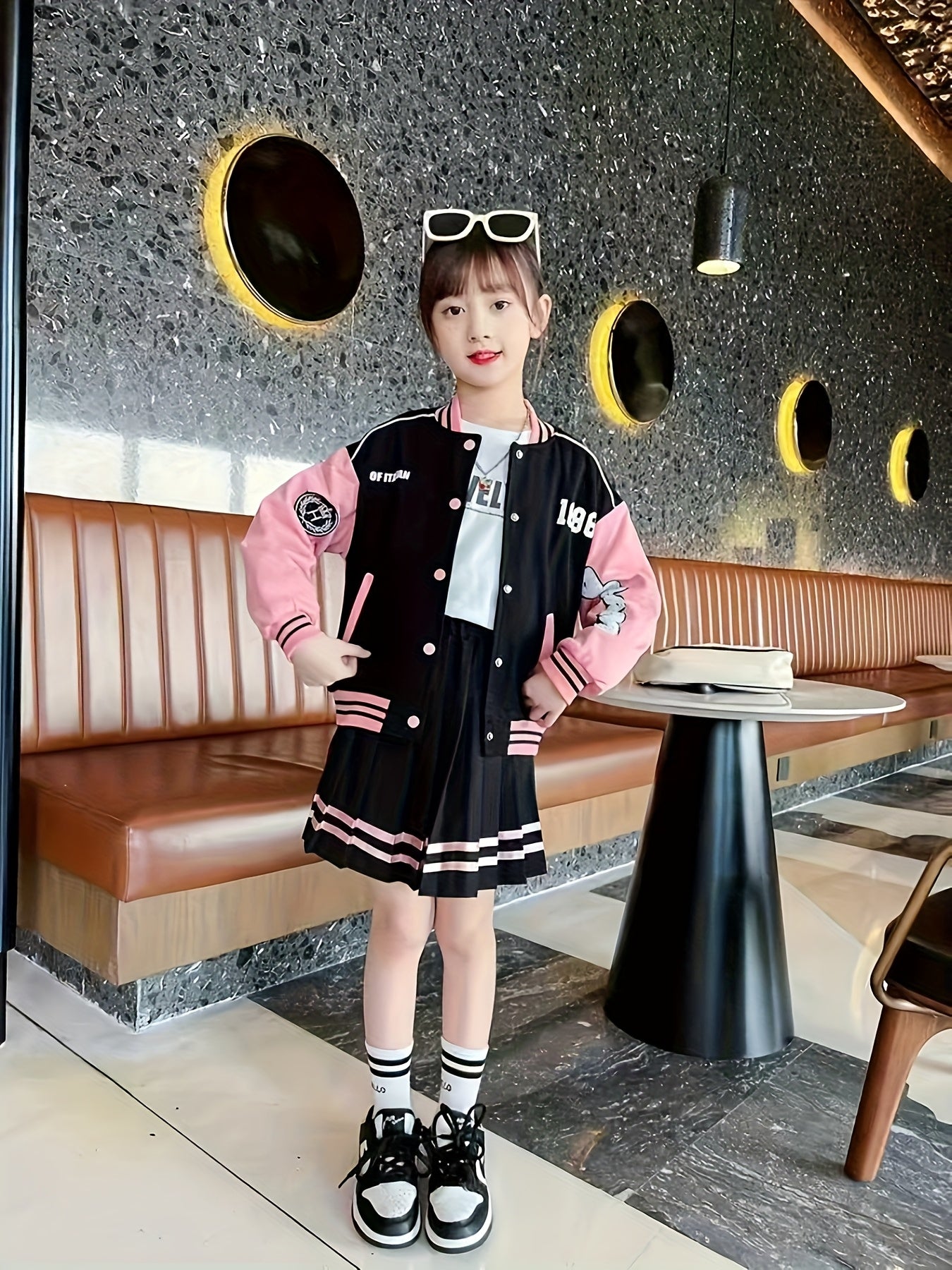 Girls Korean Style Pleated Skirt Set With Long Sleeve Top