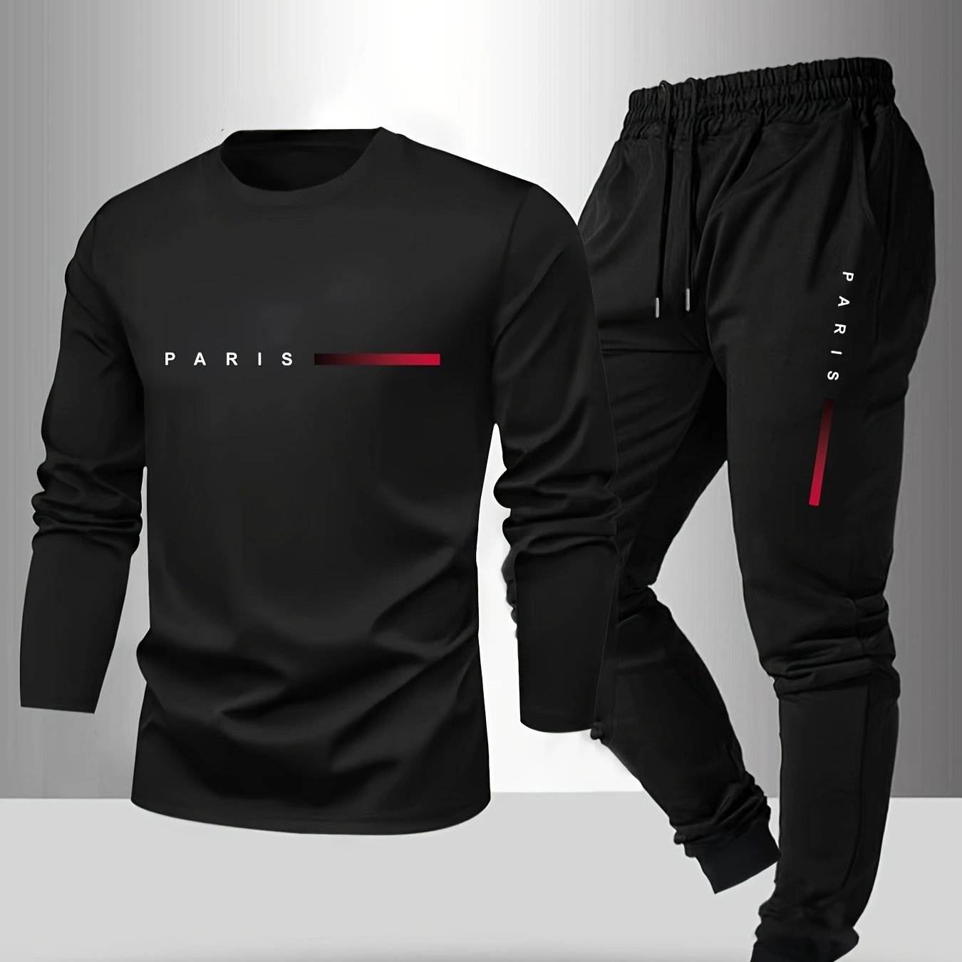 Men'S Casual Athletic Set - Red Long Sleeve T-Shirt with "PARIS" Logo & Black Joggers, Comfortable Polyester Blend, Perfect for Home or Gym, Gym Apparel|Casual Style|Polyester Blend