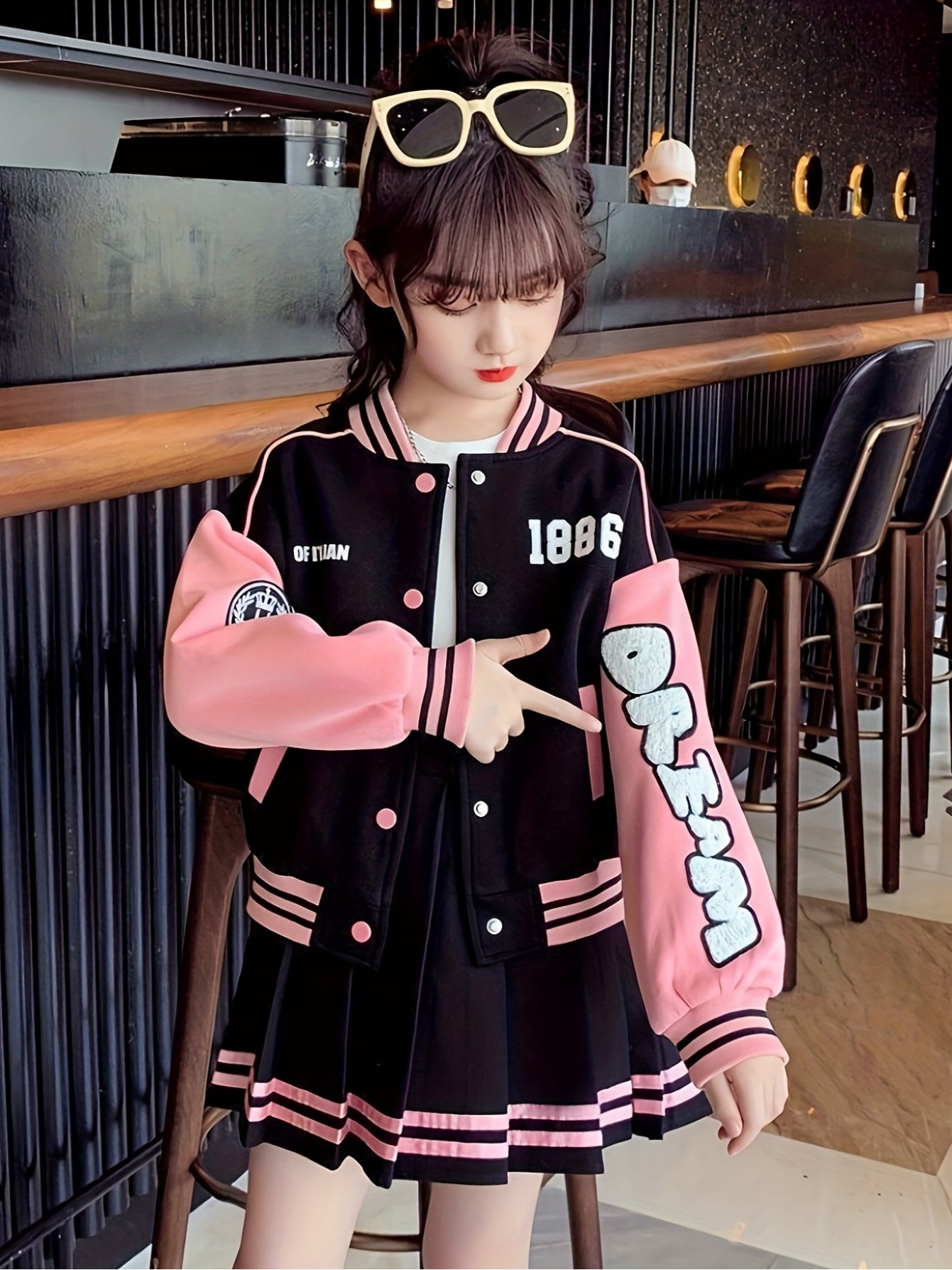 Girls Korean Style Pleated Skirt Set With Long Sleeve Top