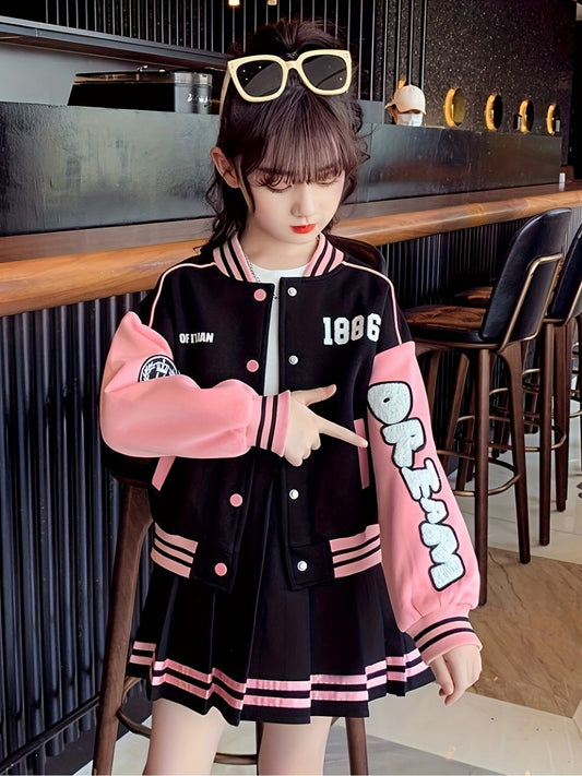 Girls Korean Style Pleated Skirt Set With Long Sleeve Top