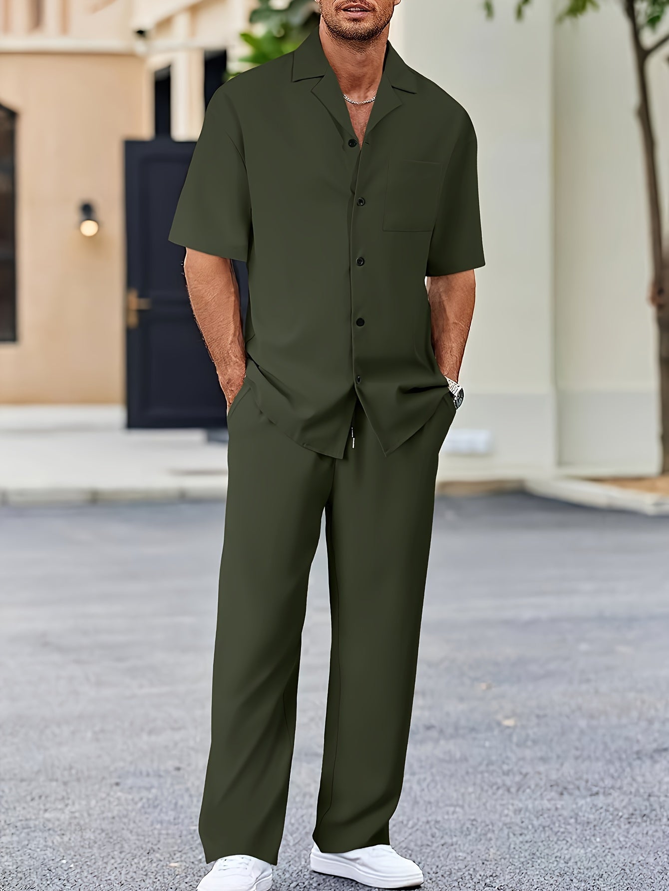 Machine Washable Polyester Men's Casual Suit-Inspired Short Sleeve Shirt & Loose Straight Pants Set
