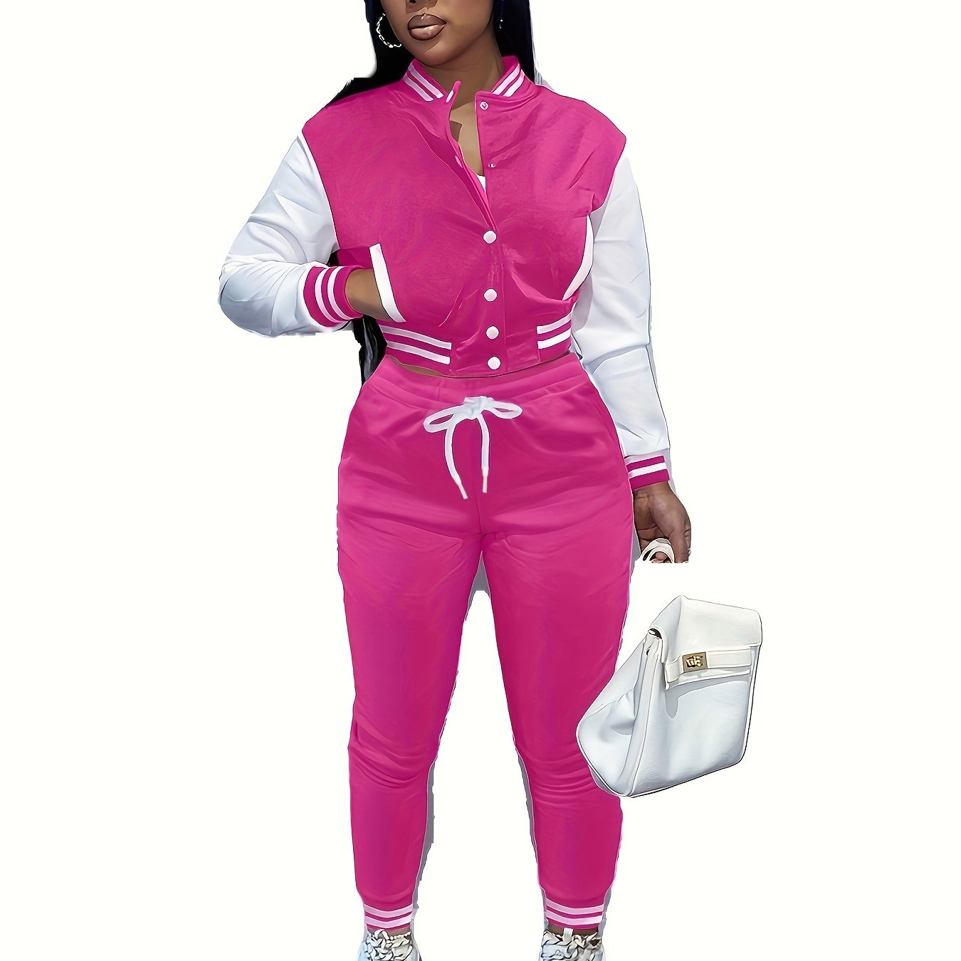 [Casual Baseball Jacket Set] Women's Casual Two-Piece Set - Solid Color Baseball Jacket & Pants, Long Sleeve, Regular Fit, Single-Breasted Buttons | Casual Style