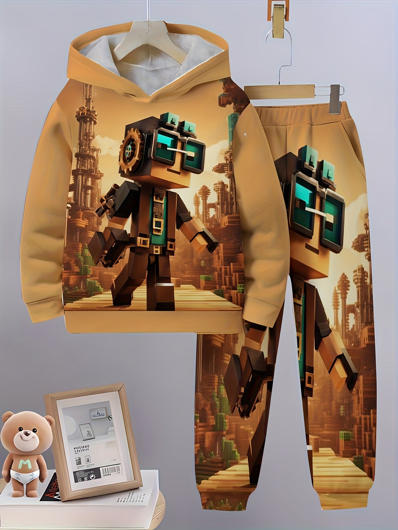 Boys Pixel Adventure Hoodie And Sweatpants Set Machine Washable Polyester