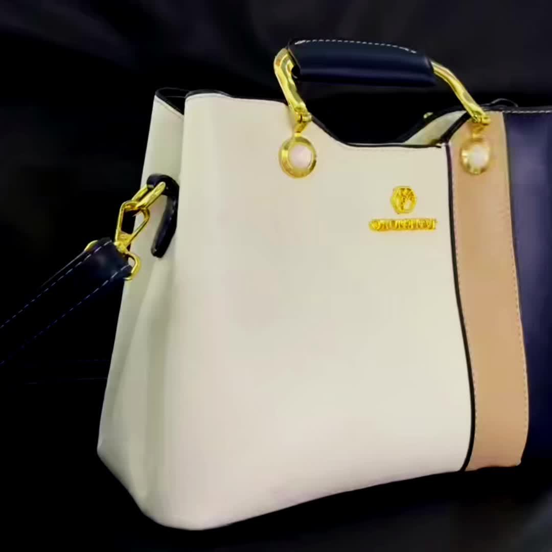 2024 New Women's Color-Block Tote Bag with Adjustable Crossbody/Shoulder Strap, Golden-Tone Hardware & Magnetic Closure - High Quality Casual Handbag for Commuting, Work, Travel - Navy/Beige/White Contrast Design, Crossbody P