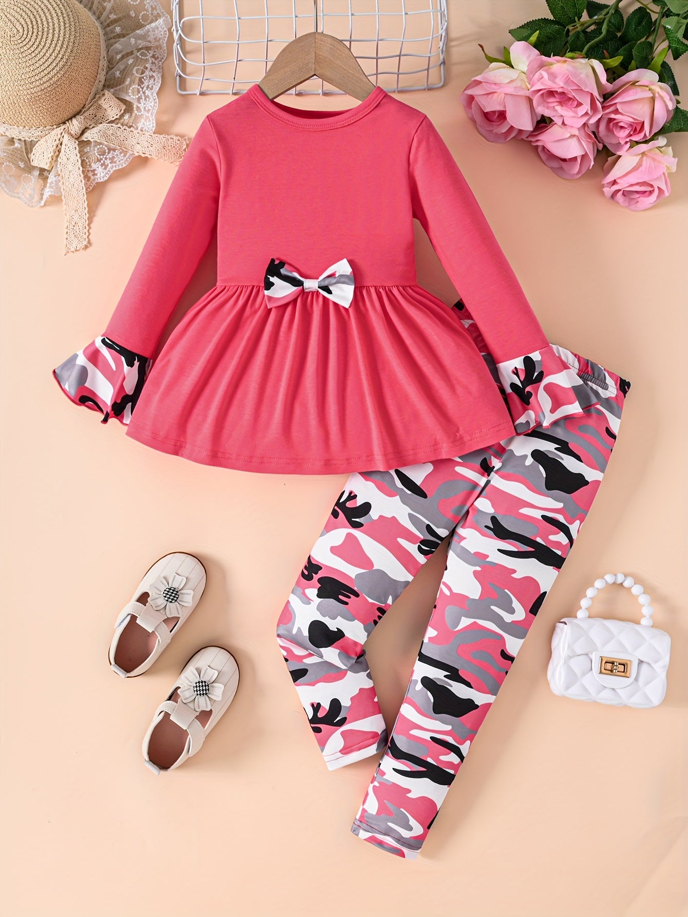 Girls Camouflage Bow Tie Flared Dress and Print Pants Set