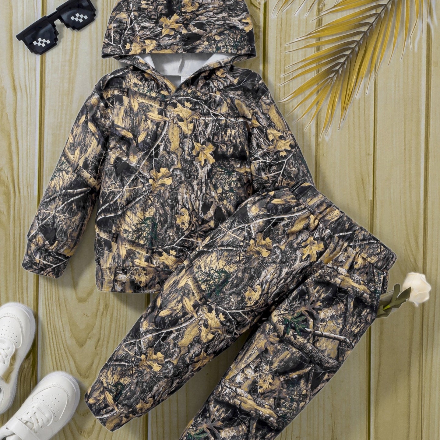 Boy's Camo Leaves Print Hooded Outfit Set