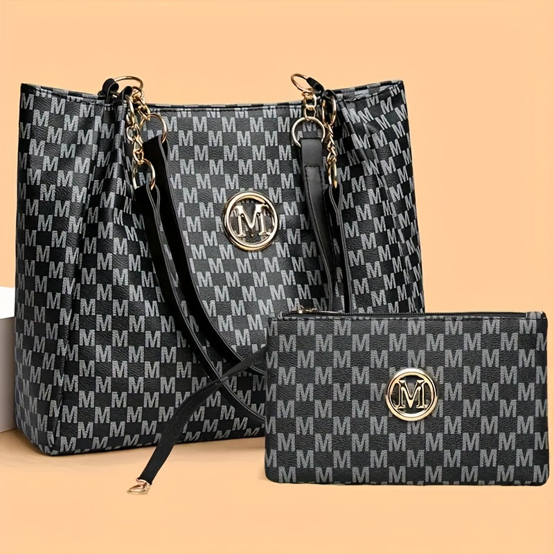 2pcs Women's Vintage Shoulder Bag Set, Large Capacity Tote Bag with Fixed Shoulder Strap, Synthetic, Zipper Closure, Polyester Lining, Lightweight, Random Print Design, Perfect for Daily Commuting and Carrying Cell Phones,