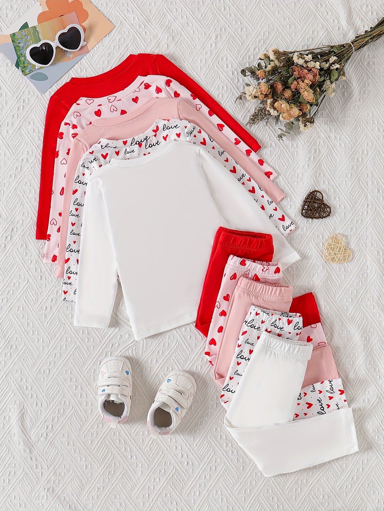 Baby Girls Casual Long Sleeve Pants Set With Heart Print