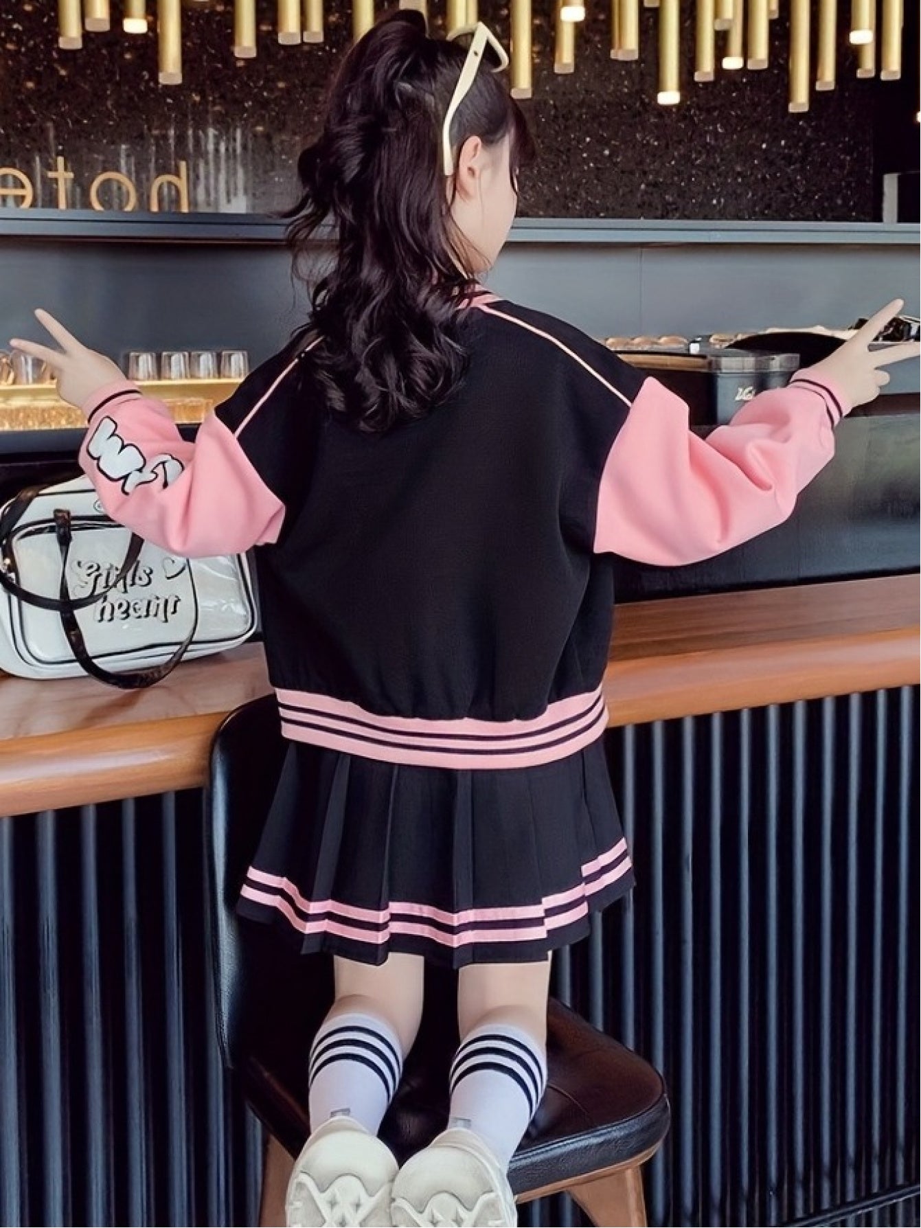 Girls Korean Style Pleated Skirt Set With Long Sleeve Top