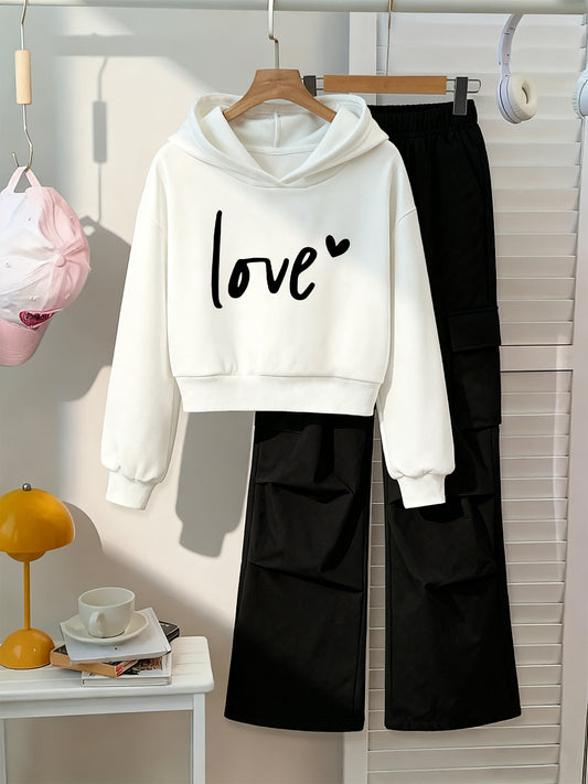 Girls 2pc Love Heart Hooded Sweatshirt And Cargo Pants Set