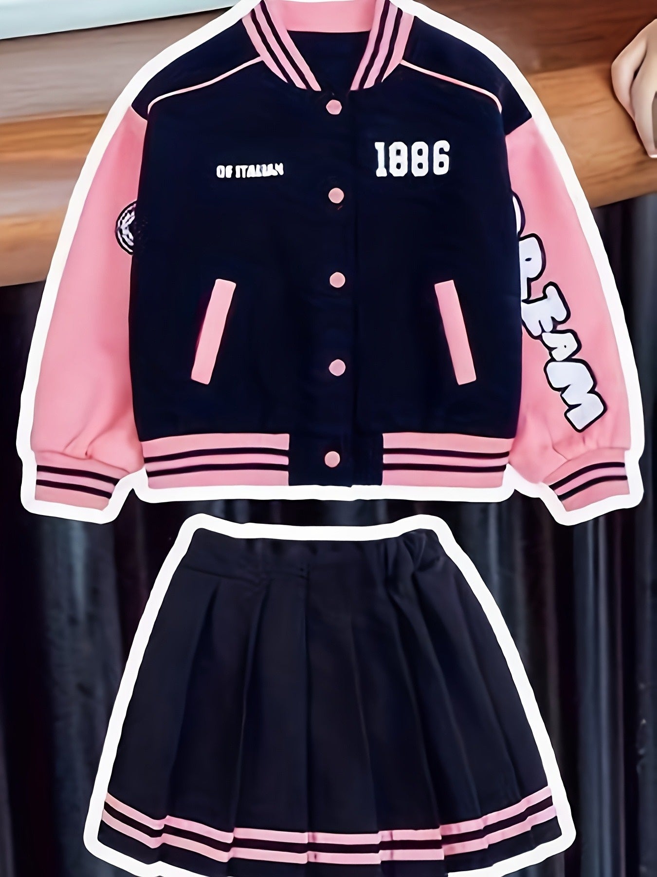 Girls Korean Style Pleated Skirt Set With Long Sleeve Top
