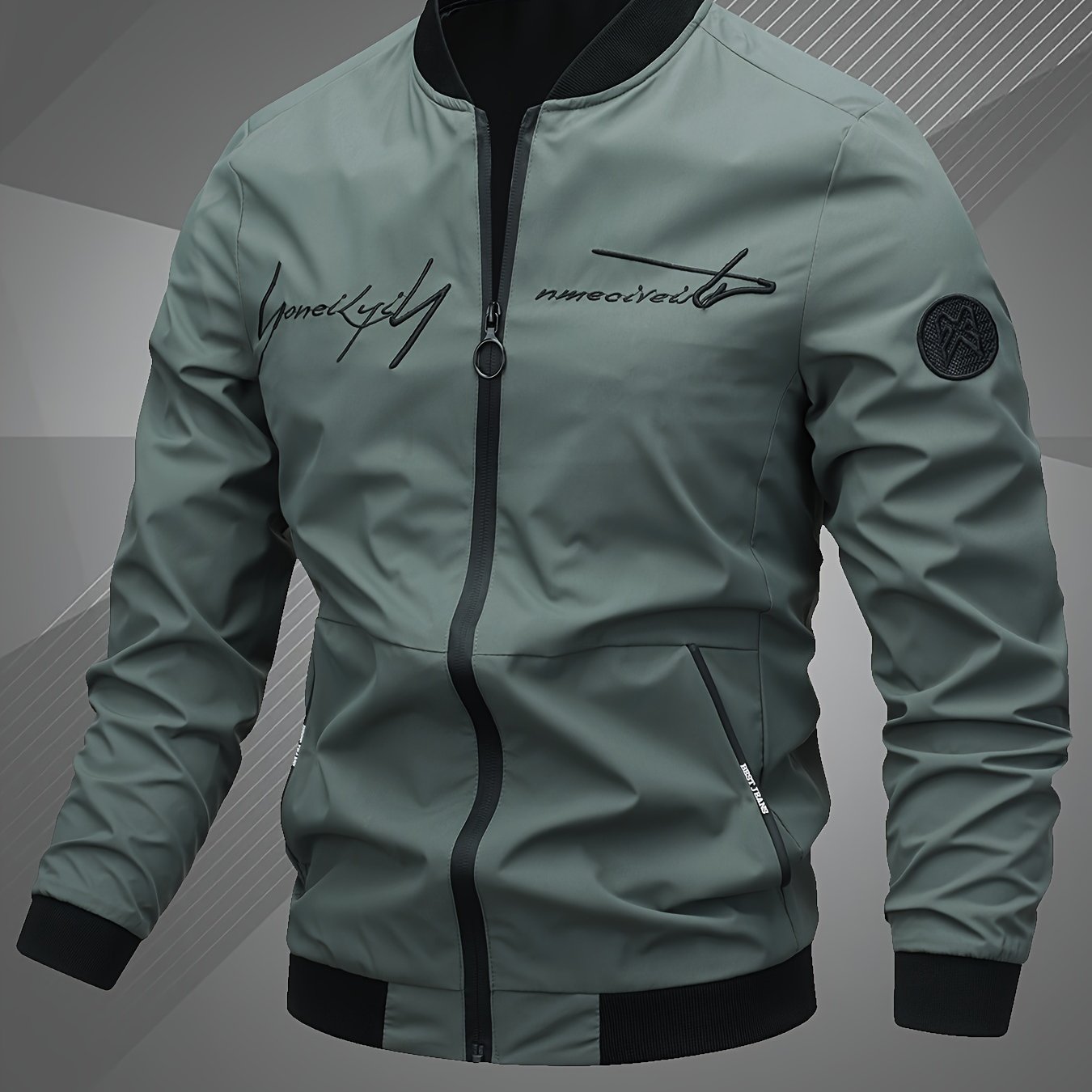 Mens Letter Embroidered Casual Bomber Jacket Regular Fit