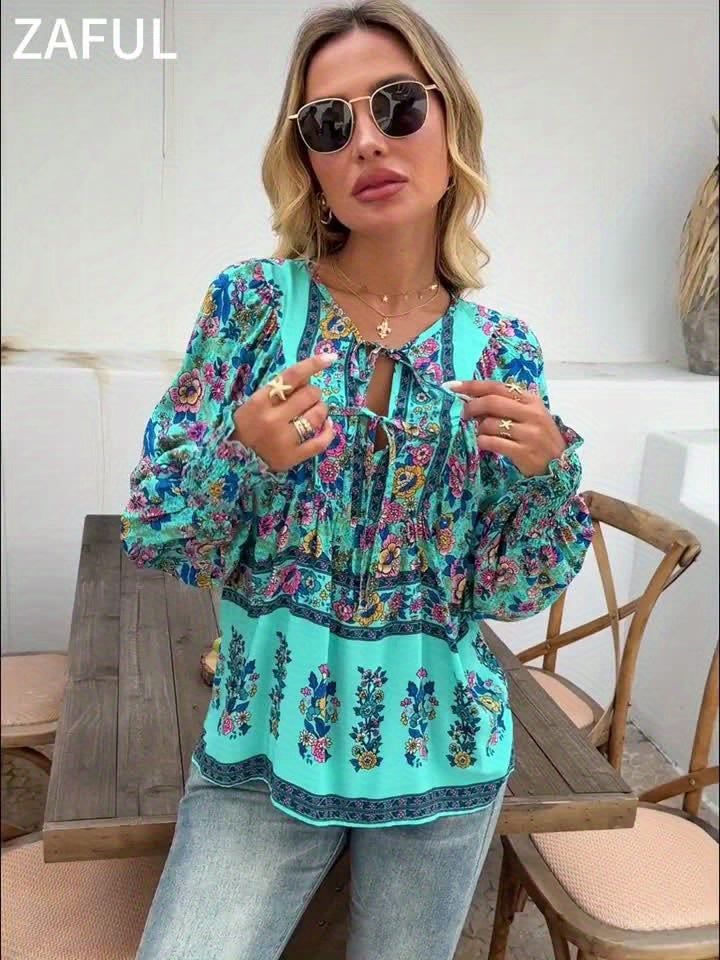 Floral Print V Neck Blouse With Drawstring Long Sleeve