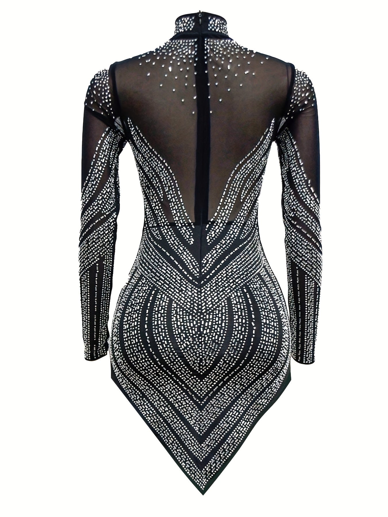 Rhinestone Semi-Sheer Dress High Neck Long Sleeve Bodycon Party Dress For Women