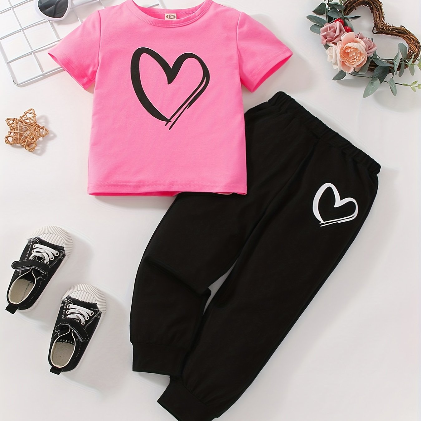 JOPGEEY Girls Heart Print 2pc T Shirt And Sweatpants Set
