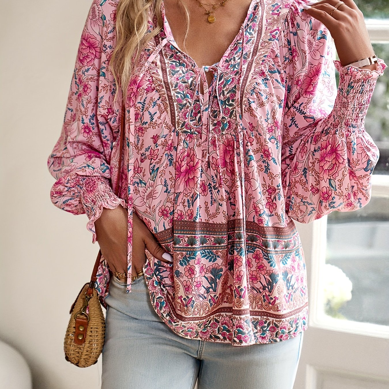 Floral Print V Neck Blouse With Drawstring Long Sleeve