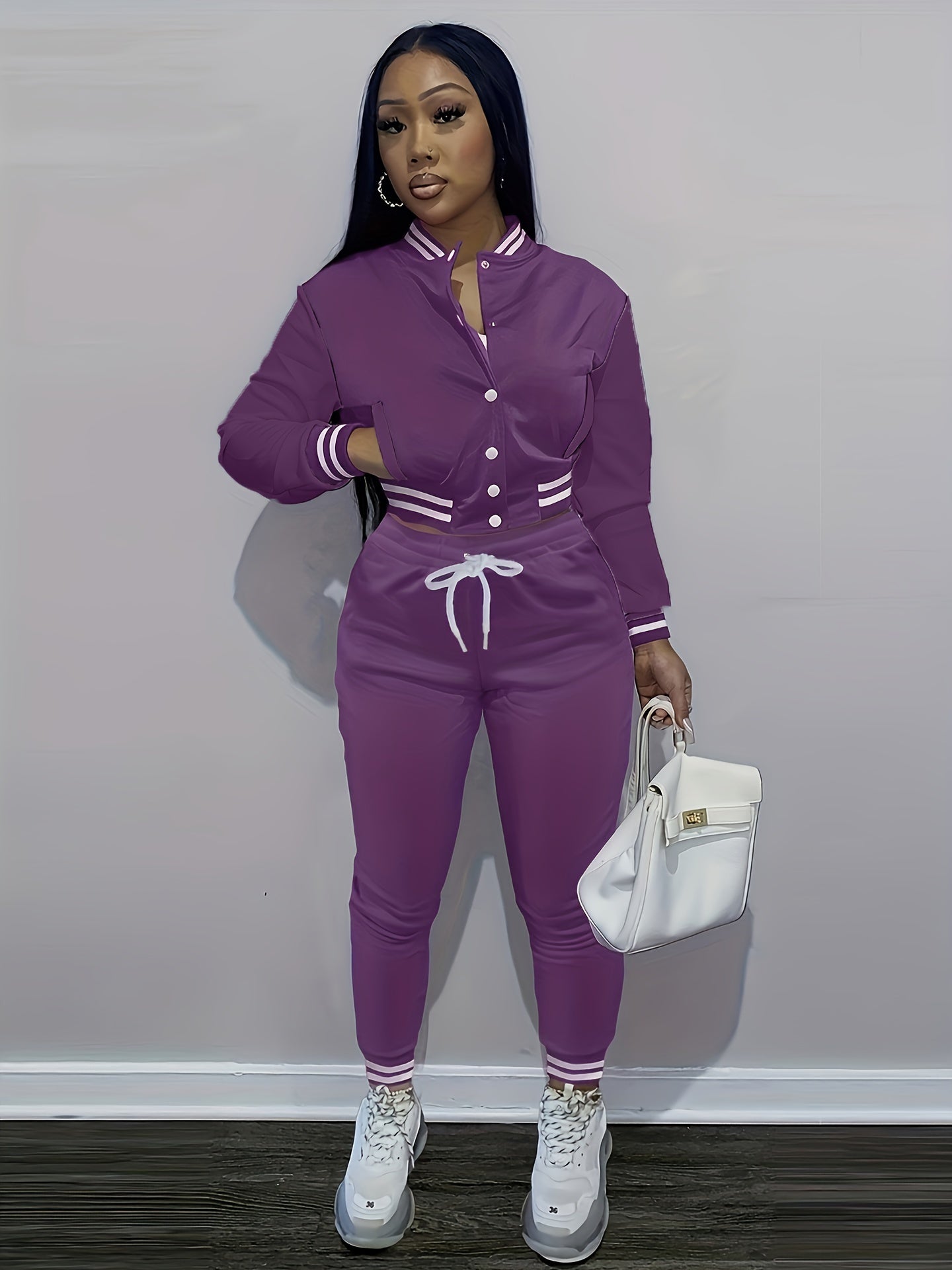 [Casual Baseball Jacket Set] Women's Casual Two-Piece Set - Solid Color Baseball Jacket & Pants, Long Sleeve, Regular Fit, Single-Breasted Buttons | Casual Style