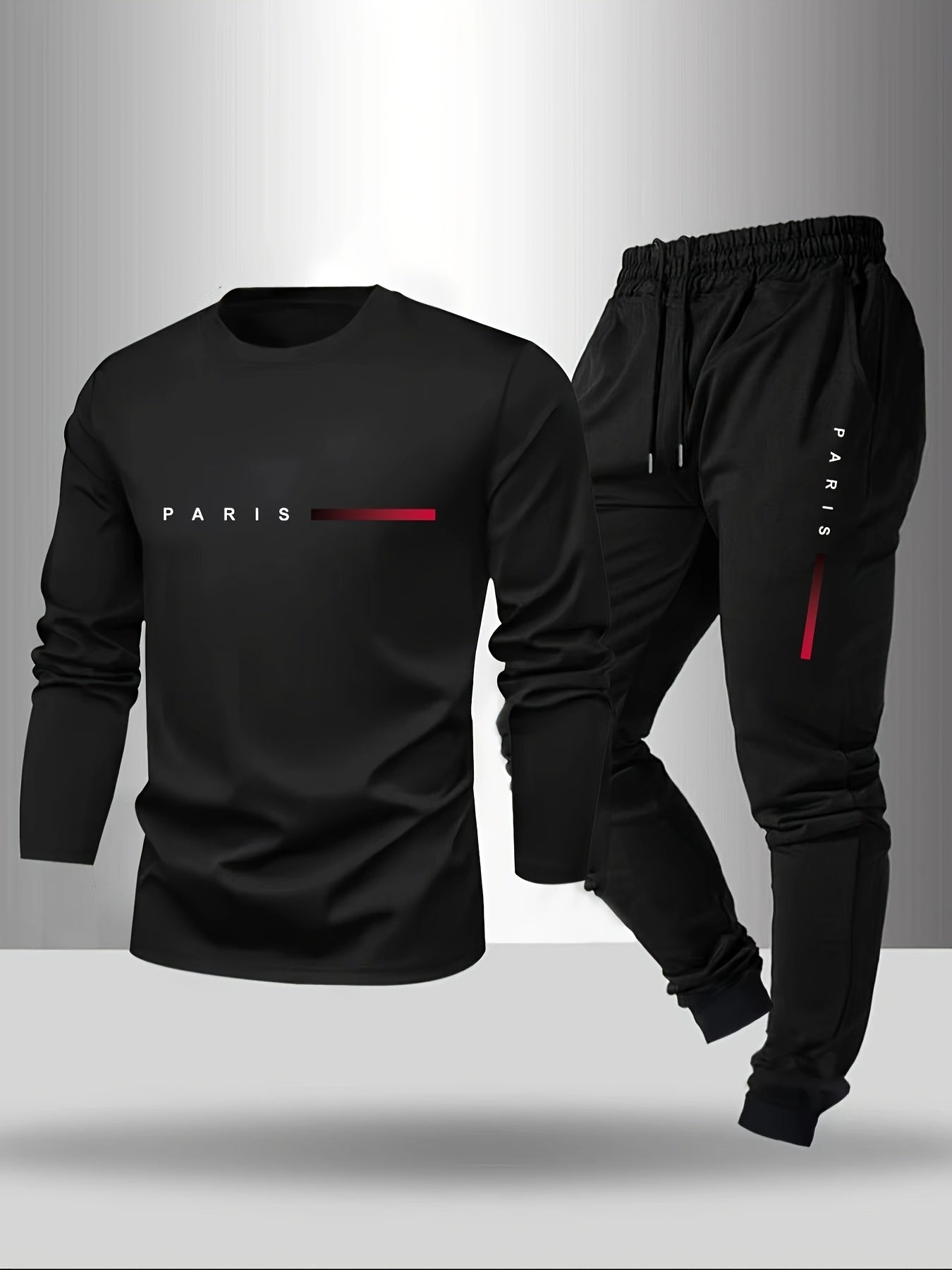 Men'S Casual Athletic Set - Red Long Sleeve T-Shirt with "PARIS" Logo & Black Joggers, Comfortable Polyester Blend, Perfect for Home or Gym, Gym Apparel|Casual Style|Polyester Blend
