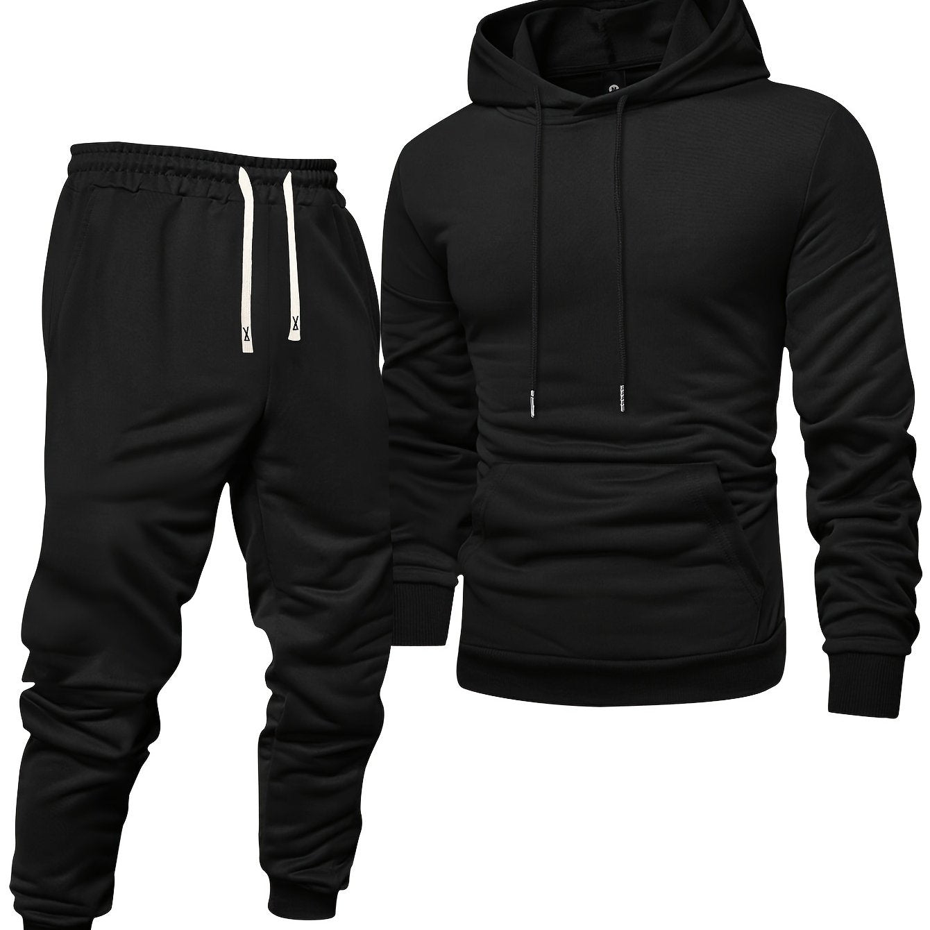 Men's Long Sleeve Hoodie + Drawstring Sweatpants Set Spring Autumn Solid Color Pullover Regular Long Sleeve T-Shirt and Pants Belt Casual Sport Joggers Two-Piece Set