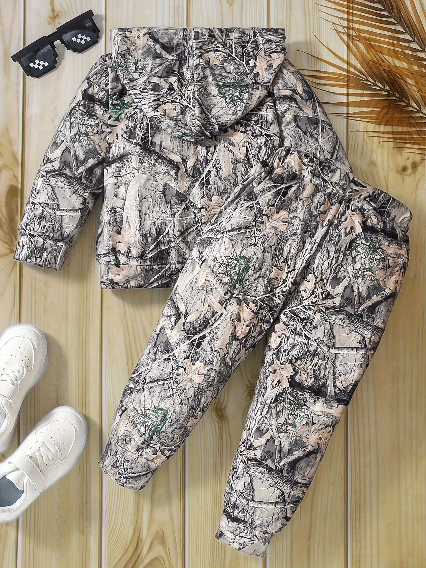 Boy's Camo Leaves Print Hooded Outfit Set