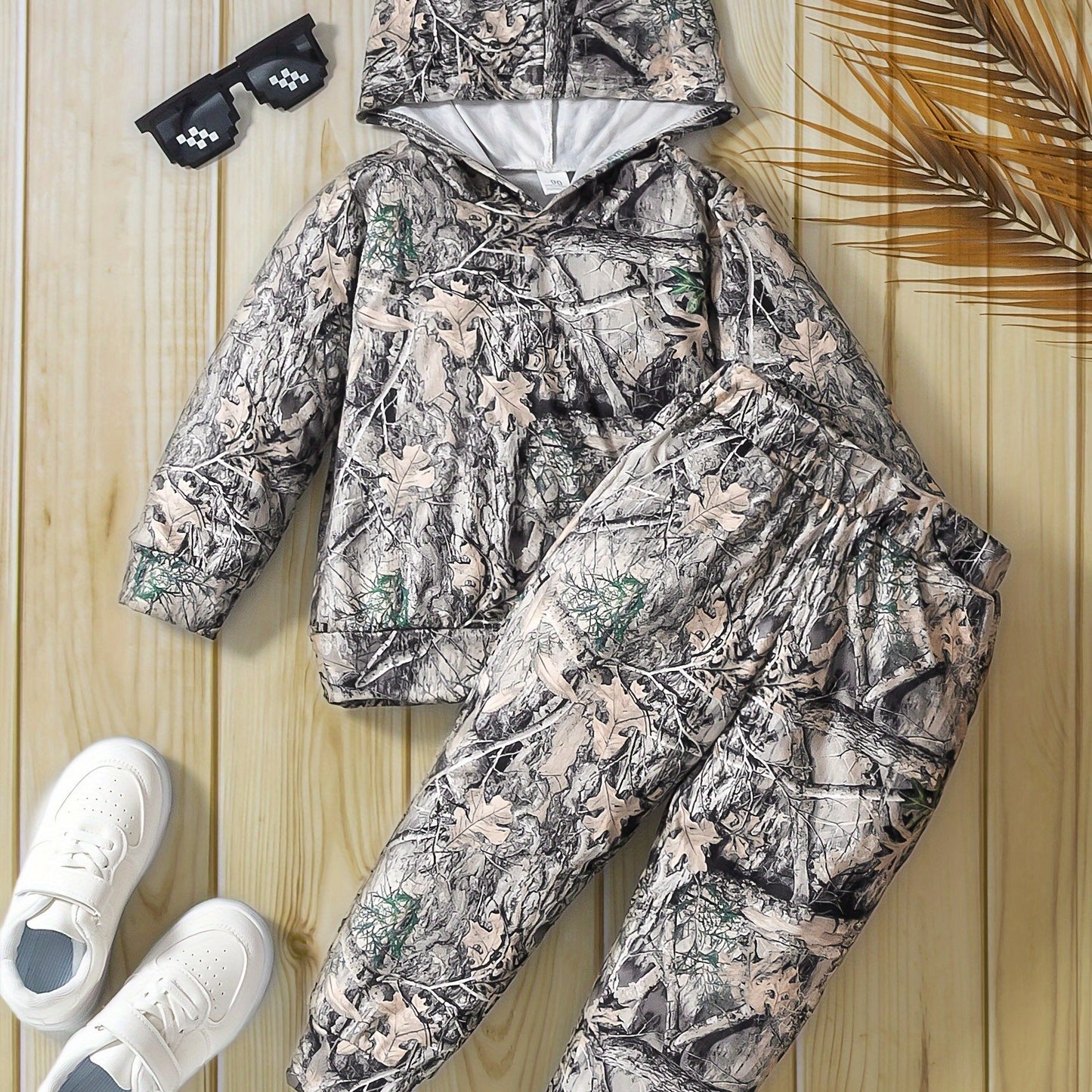 Boy's Camo Leaves Print Hooded Outfit Set
