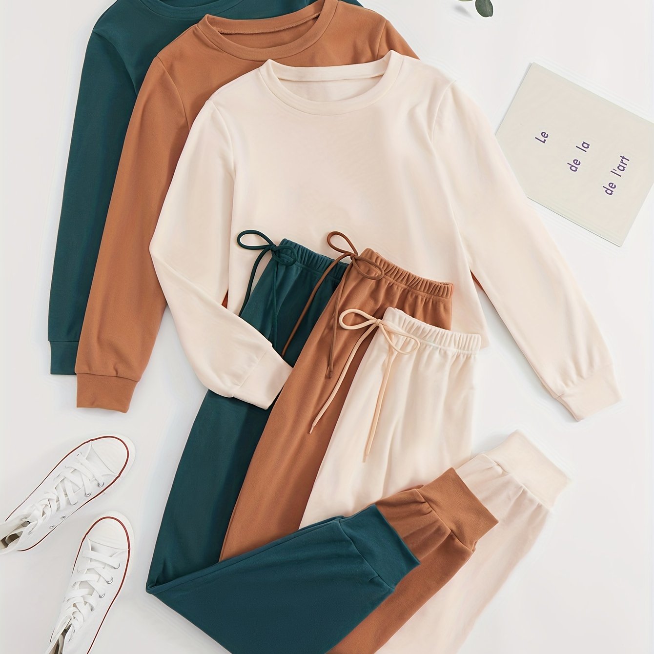 Women's casual velvet multi-color pullover long-sleeved pajamas tops & detailed waist rope decorative belt casual trousers home clothes three sets