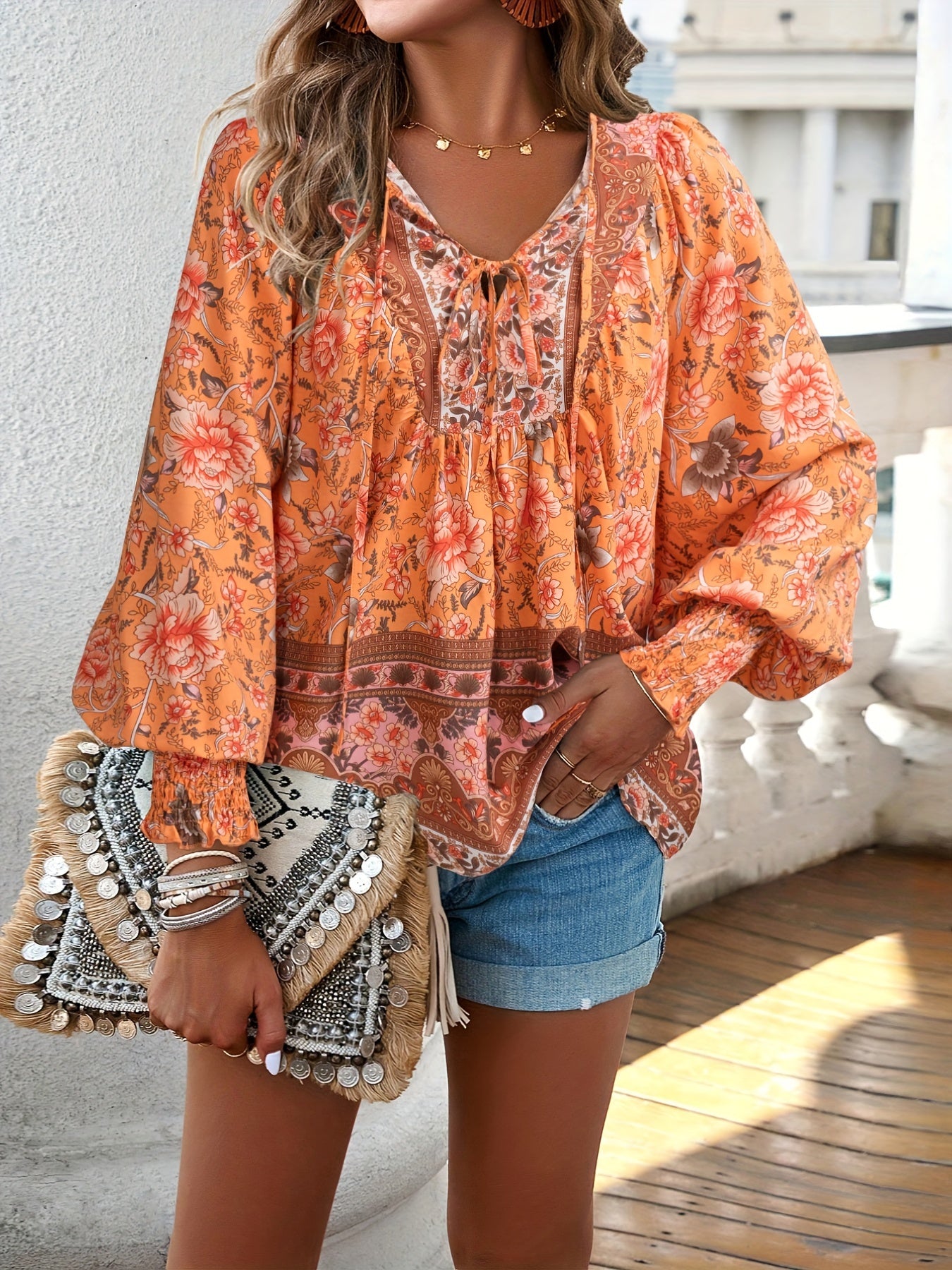 Floral Print V Neck Blouse With Drawstring Long Sleeve