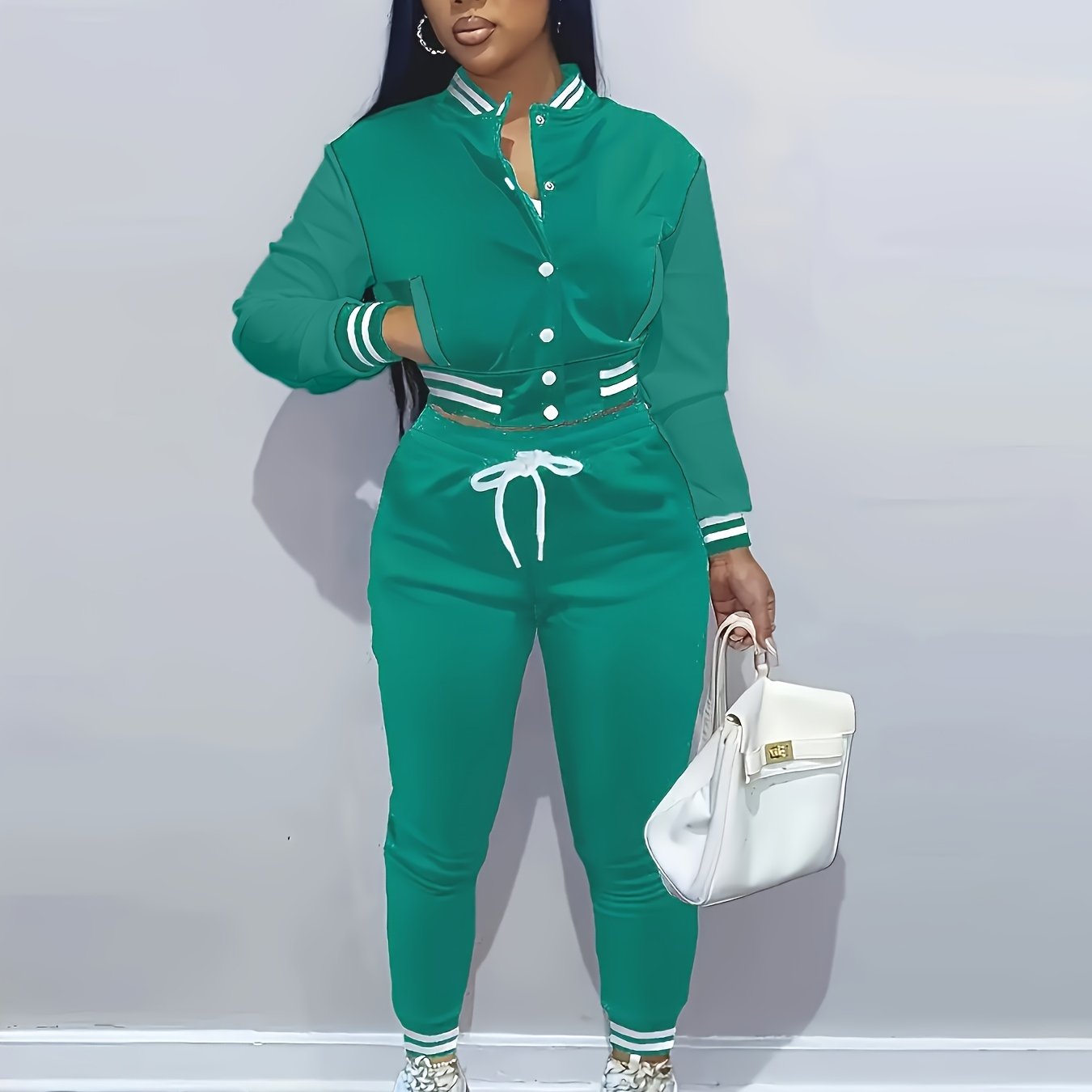 [Casual Baseball Jacket Set] Women's Casual Two-Piece Set - Solid Color Baseball Jacket & Pants, Long Sleeve, Regular Fit, Single-Breasted Buttons | Casual Style