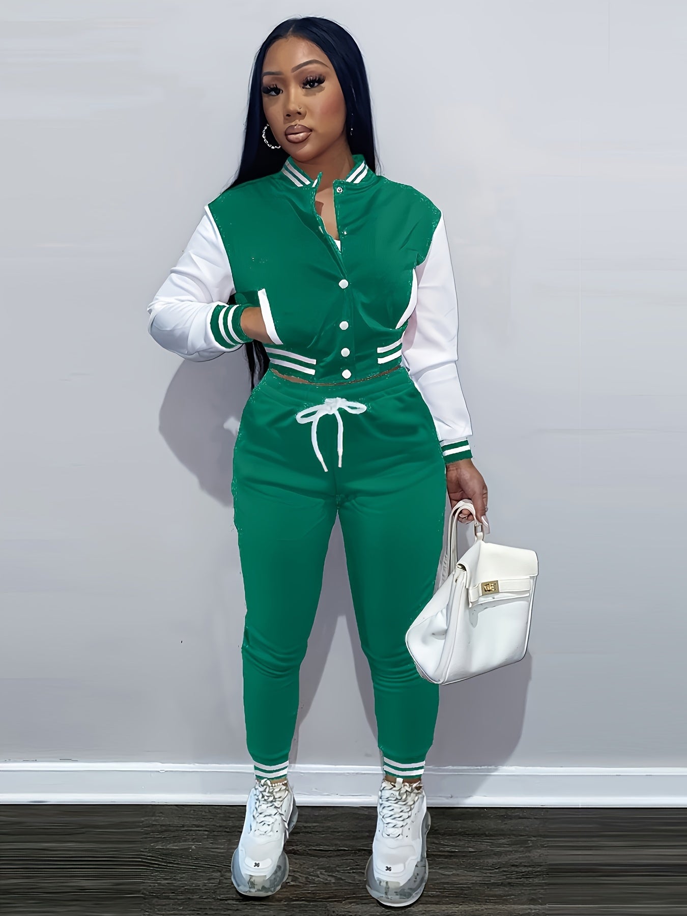[Casual Baseball Jacket Set] Women's Casual Two-Piece Set - Solid Color Baseball Jacket & Pants, Long Sleeve, Regular Fit, Single-Breasted Buttons | Casual Style