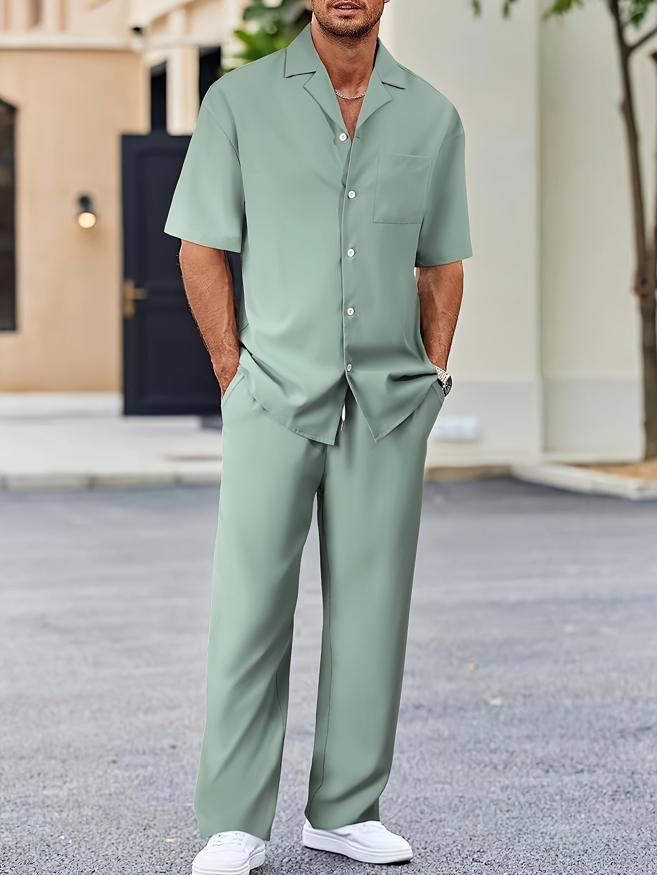Machine Washable Polyester Men's Casual Suit-Inspired Short Sleeve Shirt & Loose Straight Pants Set