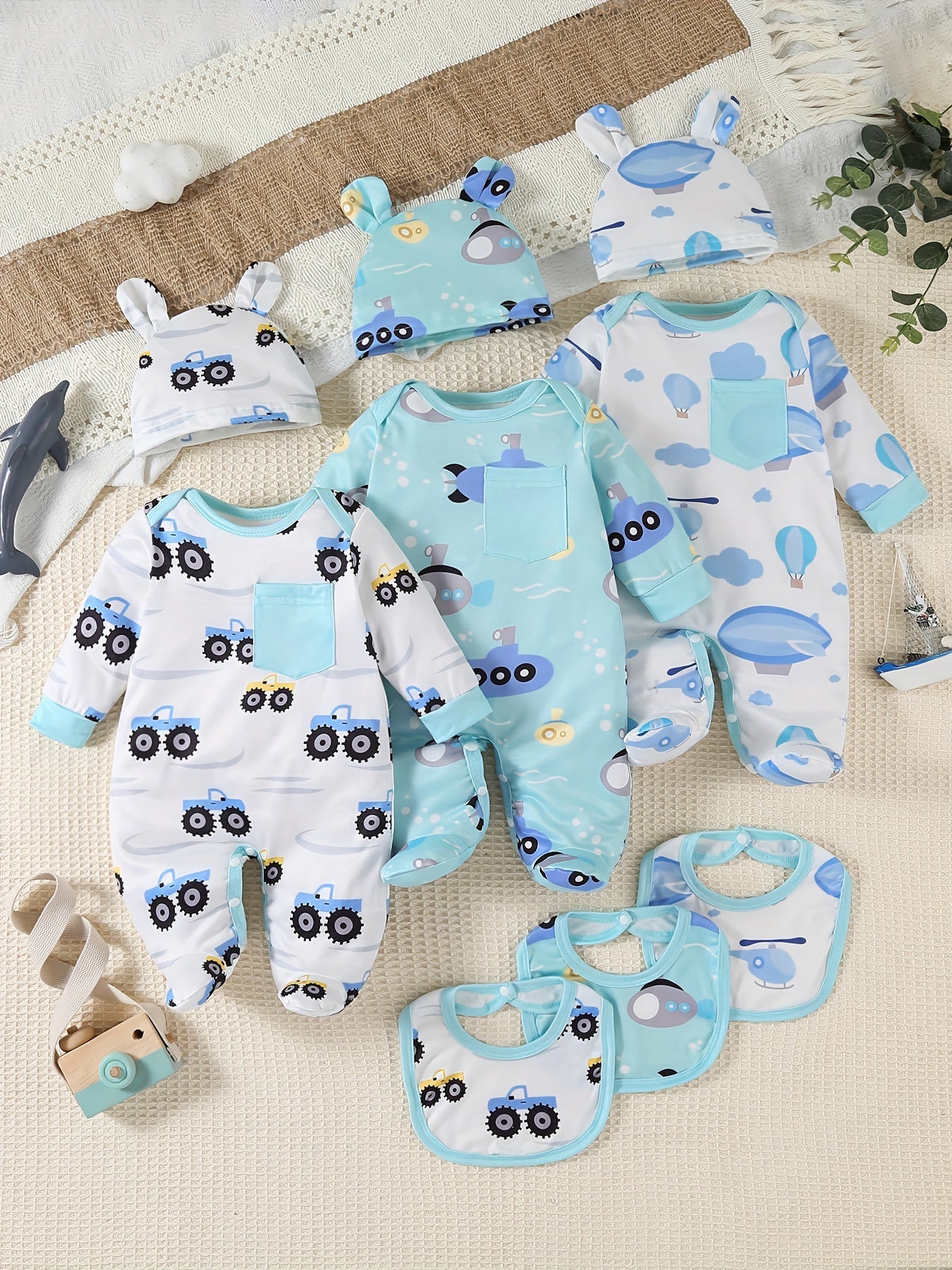 SHIXUANBAOBEI Newborn Long Sleeve Wrap Bodysuit Cartoon Vehicles