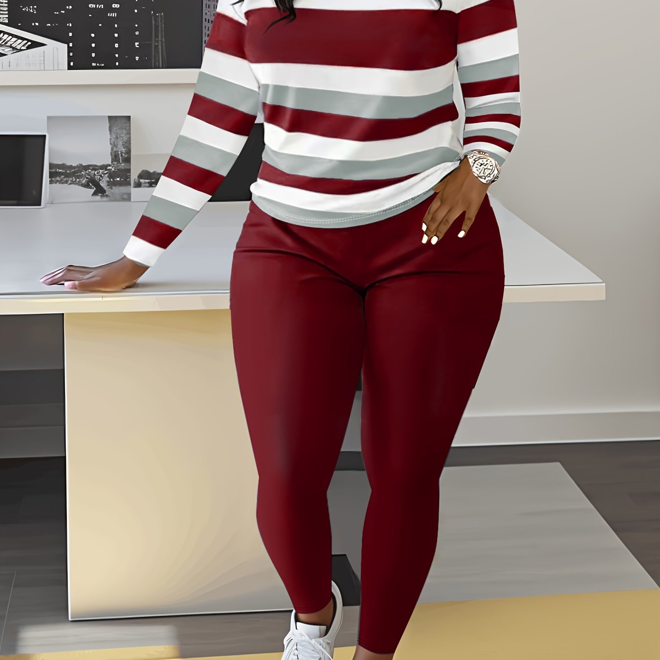Two-piece Slim Matching Set: Long Sleeve Crew Neck Striped Color Block T-shirt & Solid Elastic Waist Pants Outfits for Women